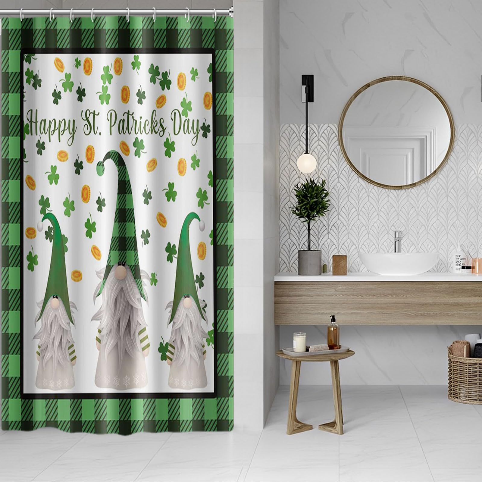 Yeele St. Patrick's Day Shower Curtain - Green Buffalo Plaid Bathroom Decor with Funny Gnome Design, Waterproof Polyester Fabric (48x72 Inches) - Perfect for Irish-Themed Bathrooms, Holiday Parties & Festive Home Decor
