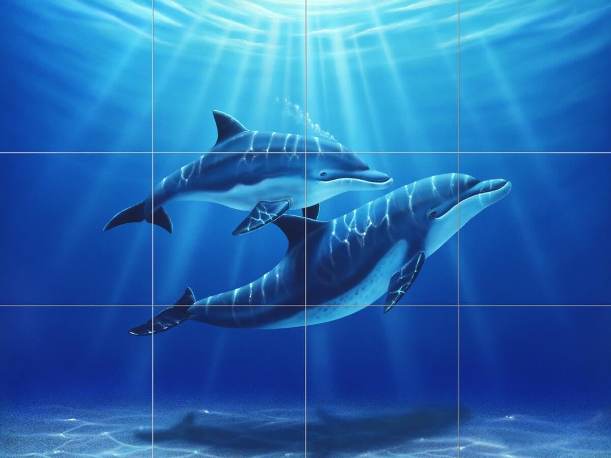 Ceramic Backsplash Tile Mural - Dolphin Whale Underwater Ocean Fish Design - Waterproof Kitchen Bathroom Shower Wall Decor - Perfect for Coastal, Beach House & Nautical Themed Interiors