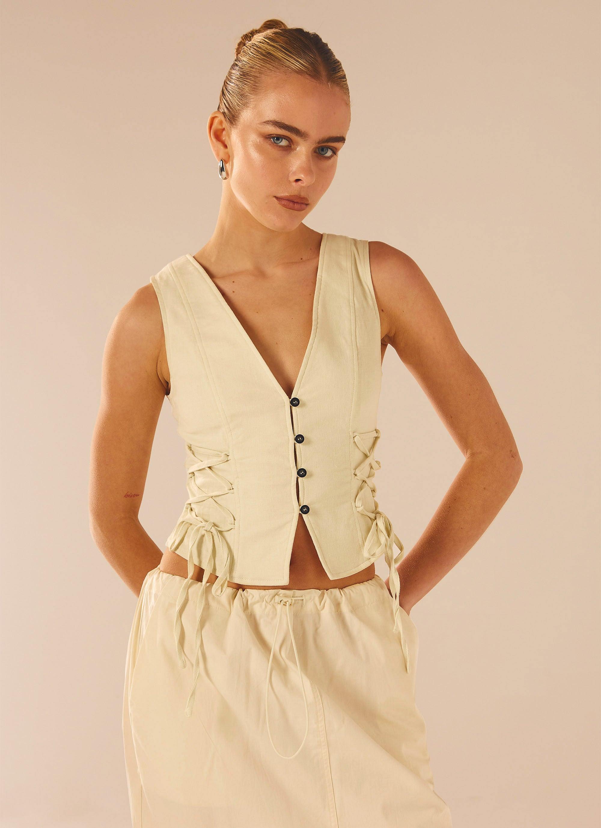 Alessa Women's Tie Side Vest in Cream - Stylish Layering Piece for Casual Outfits & Office Wear