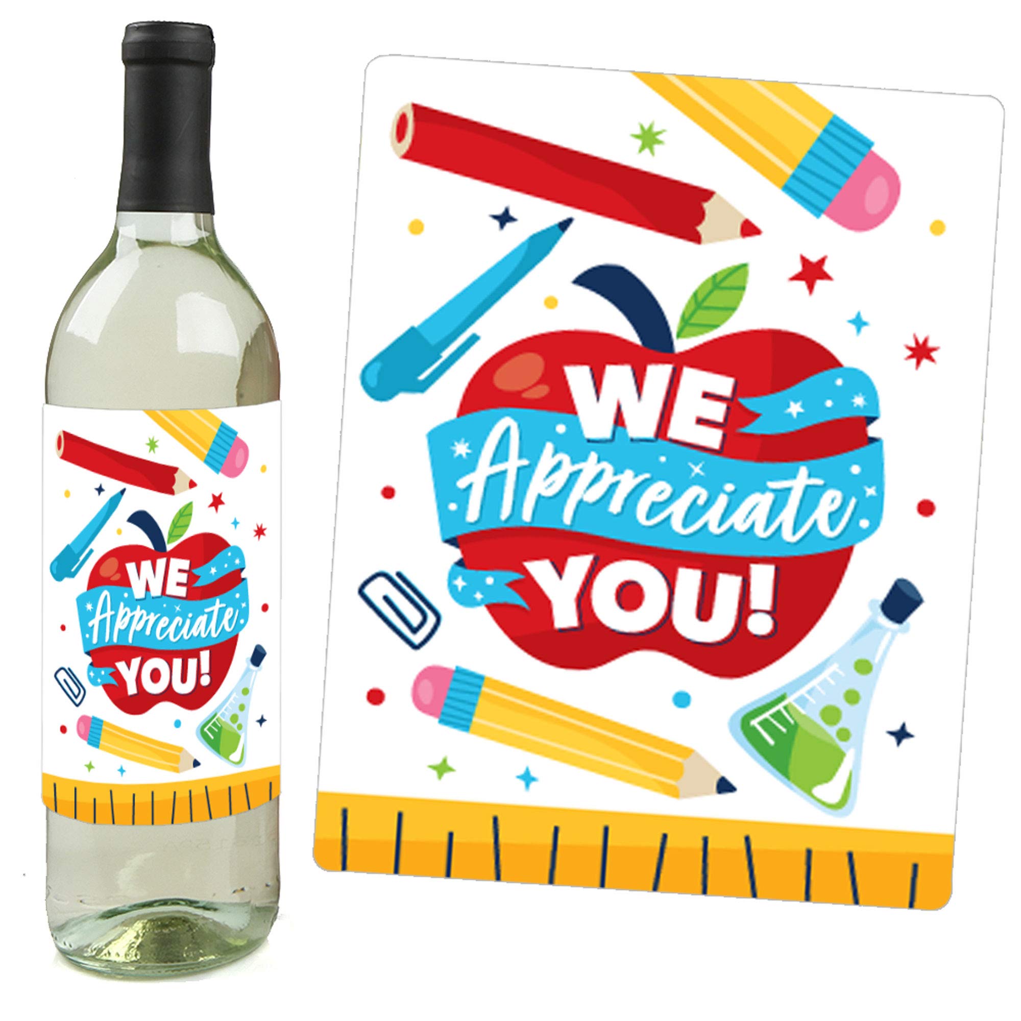 Big Dot of Happiness Thank You Teacher Appreciation Gifts - Set of 4 Wine Bottle Label Stickers for Women & Men - Perfect for Teacher's Day, Retirement Parties & End of Year Celebrations