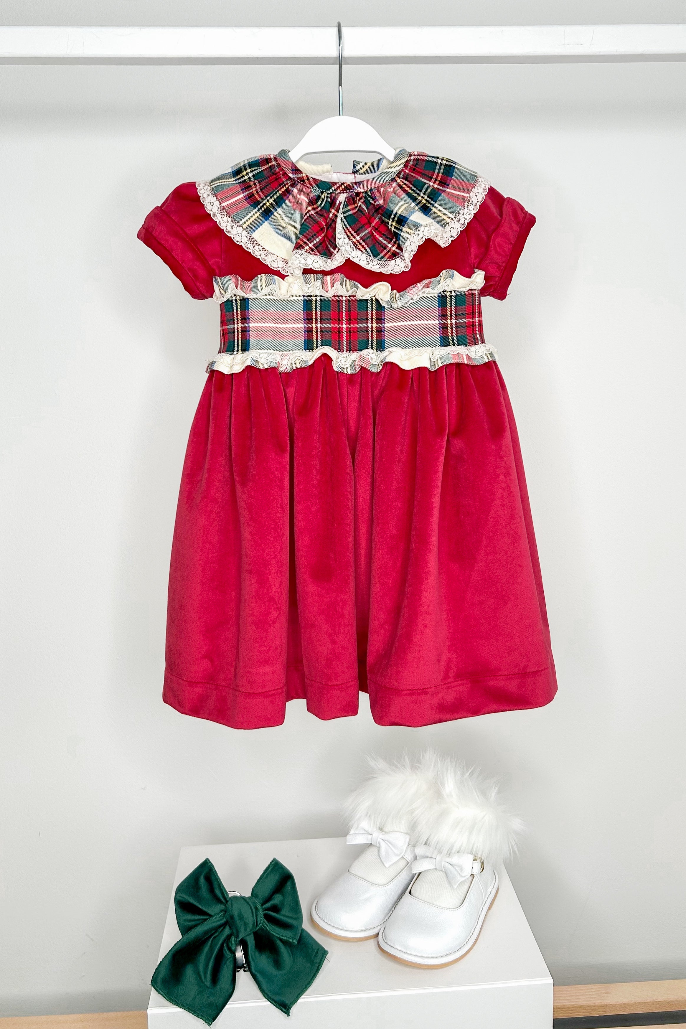 Clementine Red Velvet Tartan Dress for Women - Vintage Plaid A-Line Skirt Dress - Perfect for Christmas, Holiday Parties & Office Wear