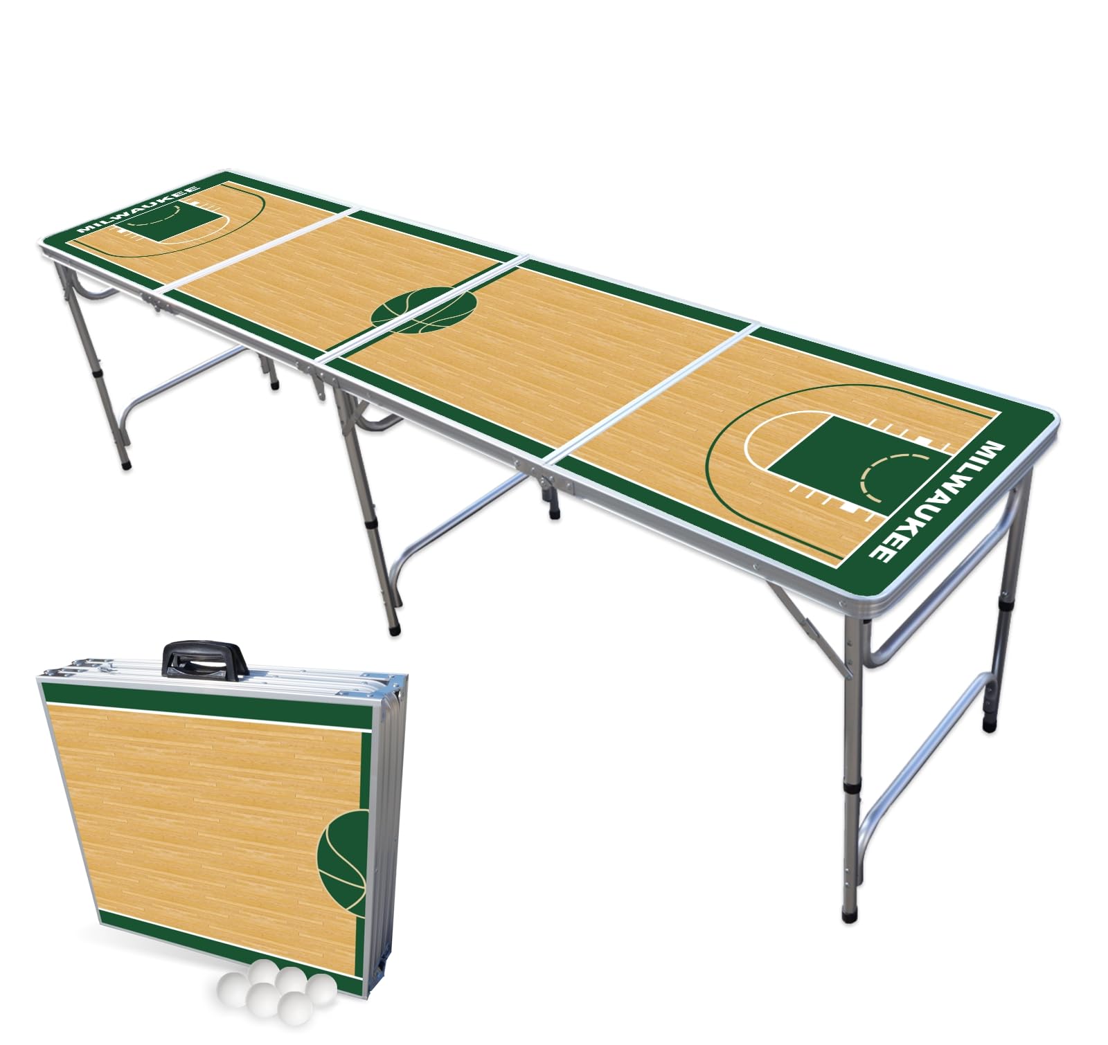 8-Foot Folding Portable Beer Pong Table with Optional Cup Holders & LED Lights - Milwaukee Basketball Court Design - Perfect for Parties, Tailgates & Outdoor Games (Multiple Models Available)