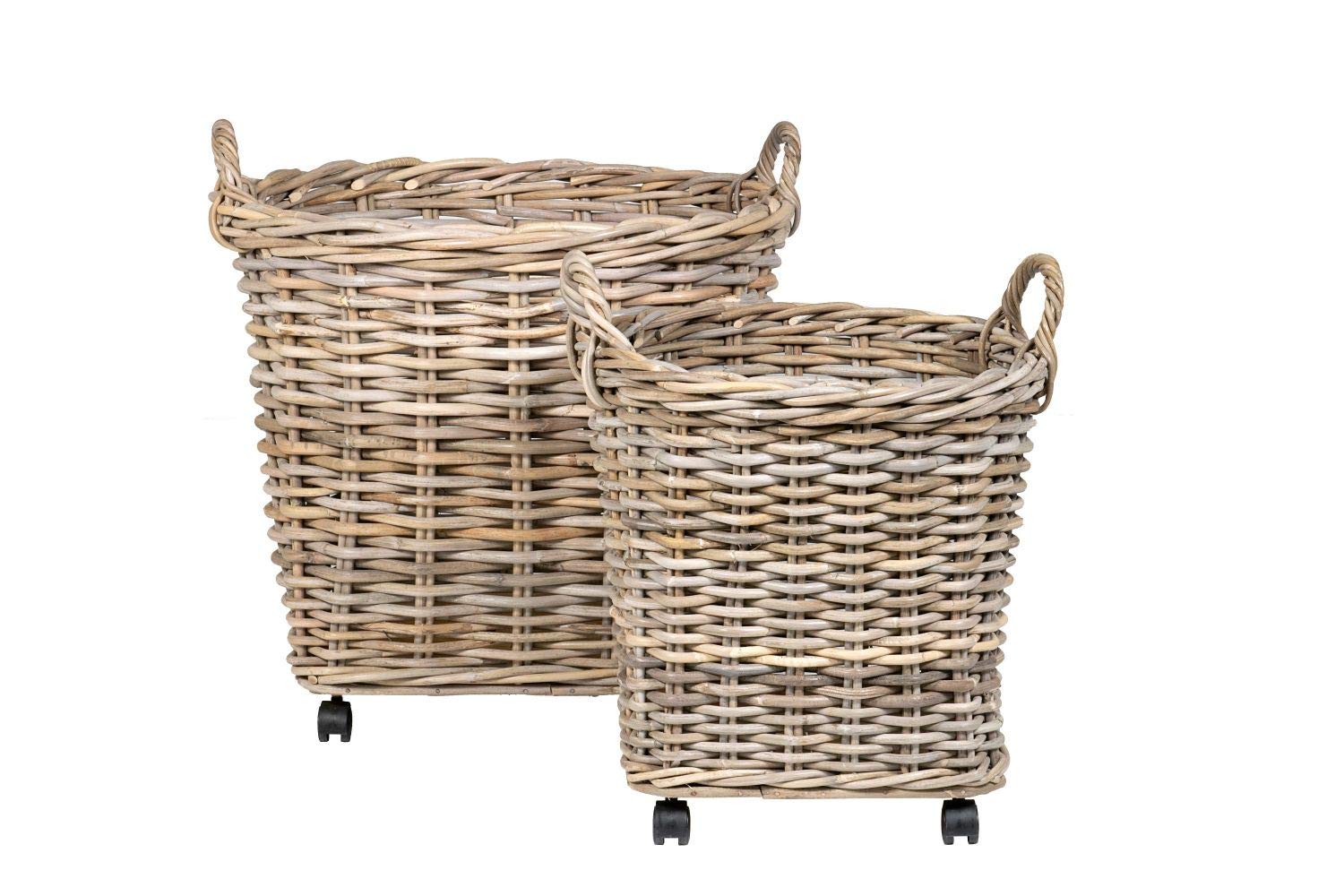 East at Main Maya Round Rattan Storage Basket with Wheels - Natural Woven Organizer for Home, Office, or Nursery Decor