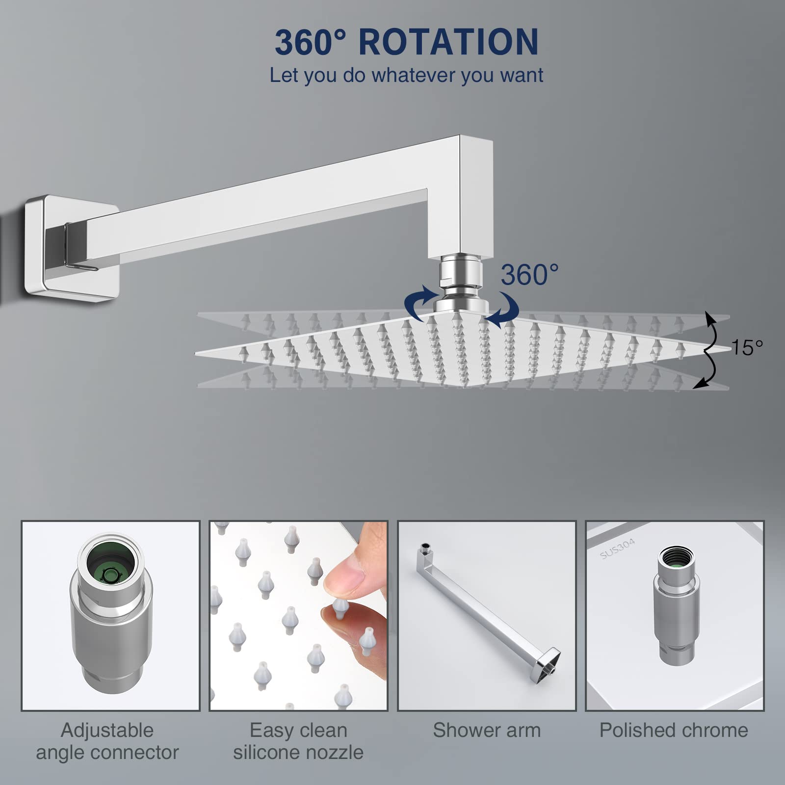 HOMELODY Chrome Shower Faucet Set - High Pressure Square Rainfall Shower Head & Handle Combo, Wall Mounted Luxury Bathroom Fixtures with Shower Valve - Perfect for Modern Home & Spa-Like Shower Experience