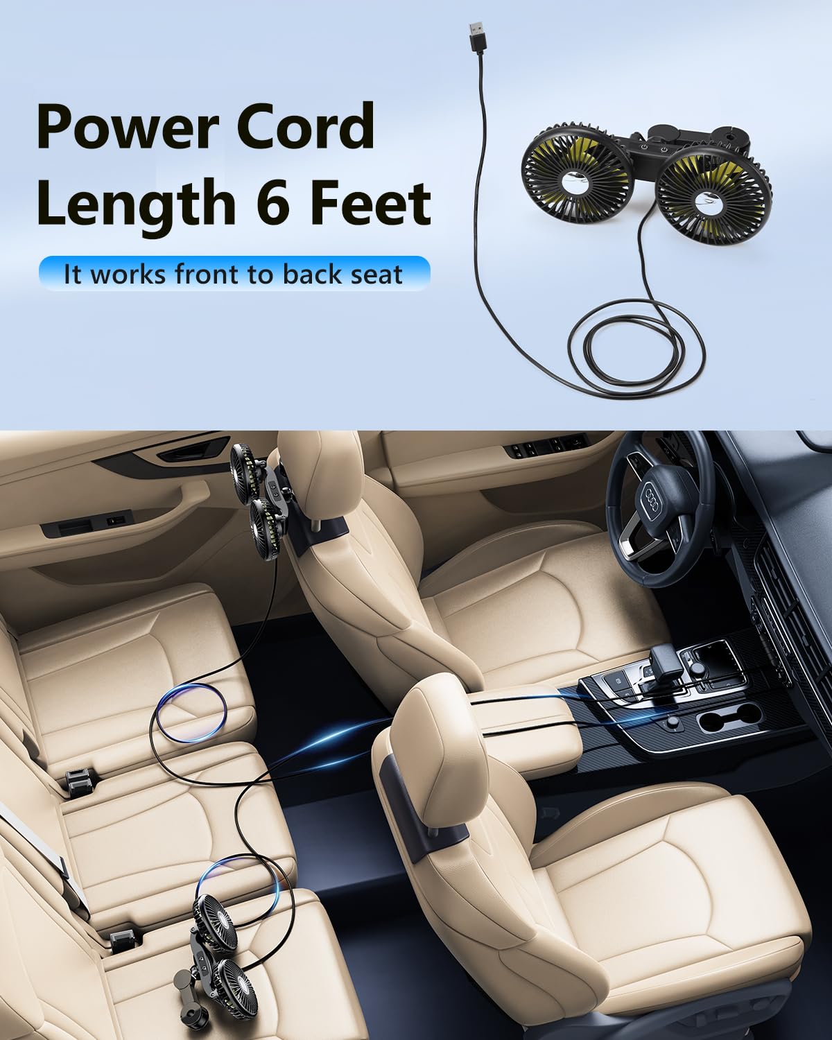 Dual Head USB Car Fan for Back Seat - Rechargeable 12V Cooler for Baby & Pets - SUV, Sedan, RV Use