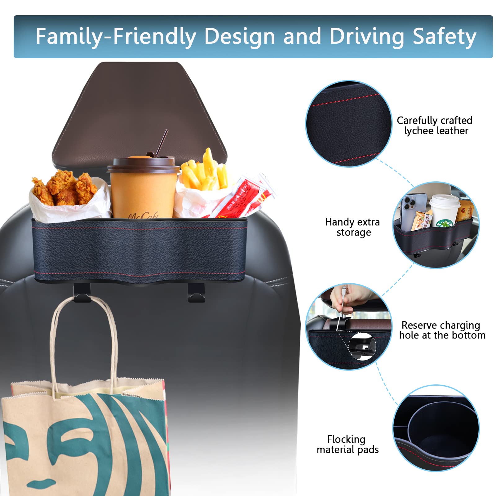 Car Headrest Backseat Organizer with Cup Holders - Multi-Functional Car Organizer for Kids, Food & Travel Accessories - Perfect for Road Trips, Eating in Car & Family Travel