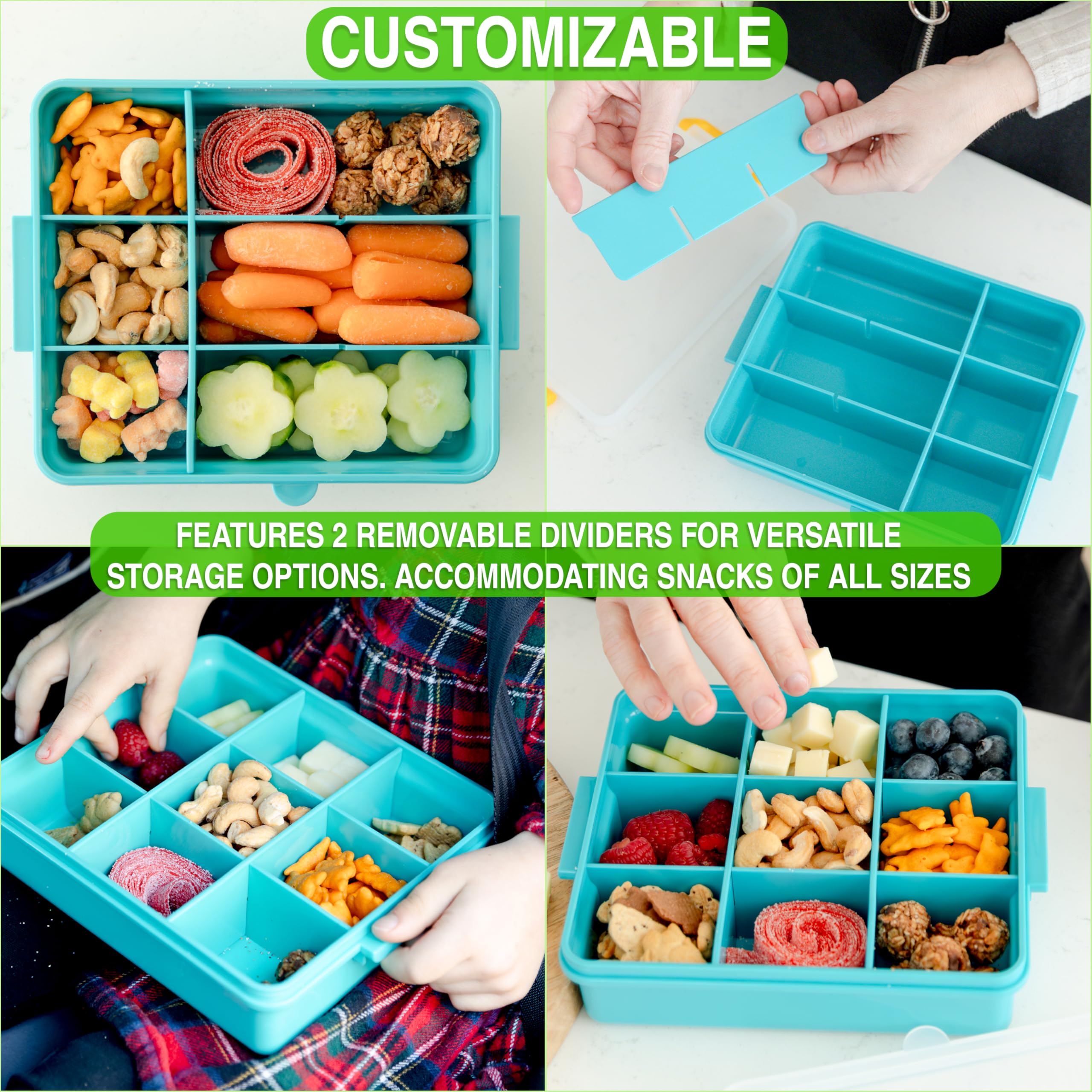 Kids Travel Snack Box - Customizable Snack Container Organizer with Removable Dividers & Fun Silicone Decor - Airtight, Dishwasher-Safe Toddler Food Storage | Perfect for School Lunches, Road Trips & Airplane Snacks