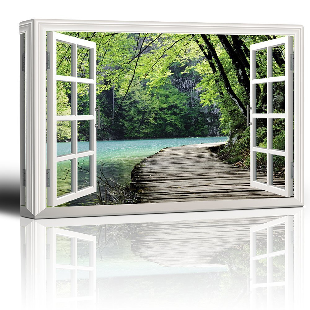 Wall26 - Bridge by a Lake Surrounded by Trees - Stretched Canvas Wall Art - 32x48 Inches - Perfect for Living Room, Bedroom & Office Decor