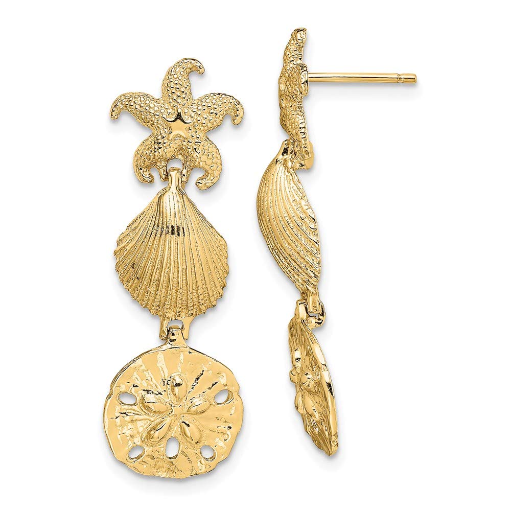 14K Yellow Gold Starfish Shell and Sand Dollar Dangle Earrings - Elegant Beach Jewelry for Women, Perfect for Summer Vacations, Weddings & Boho Fashion