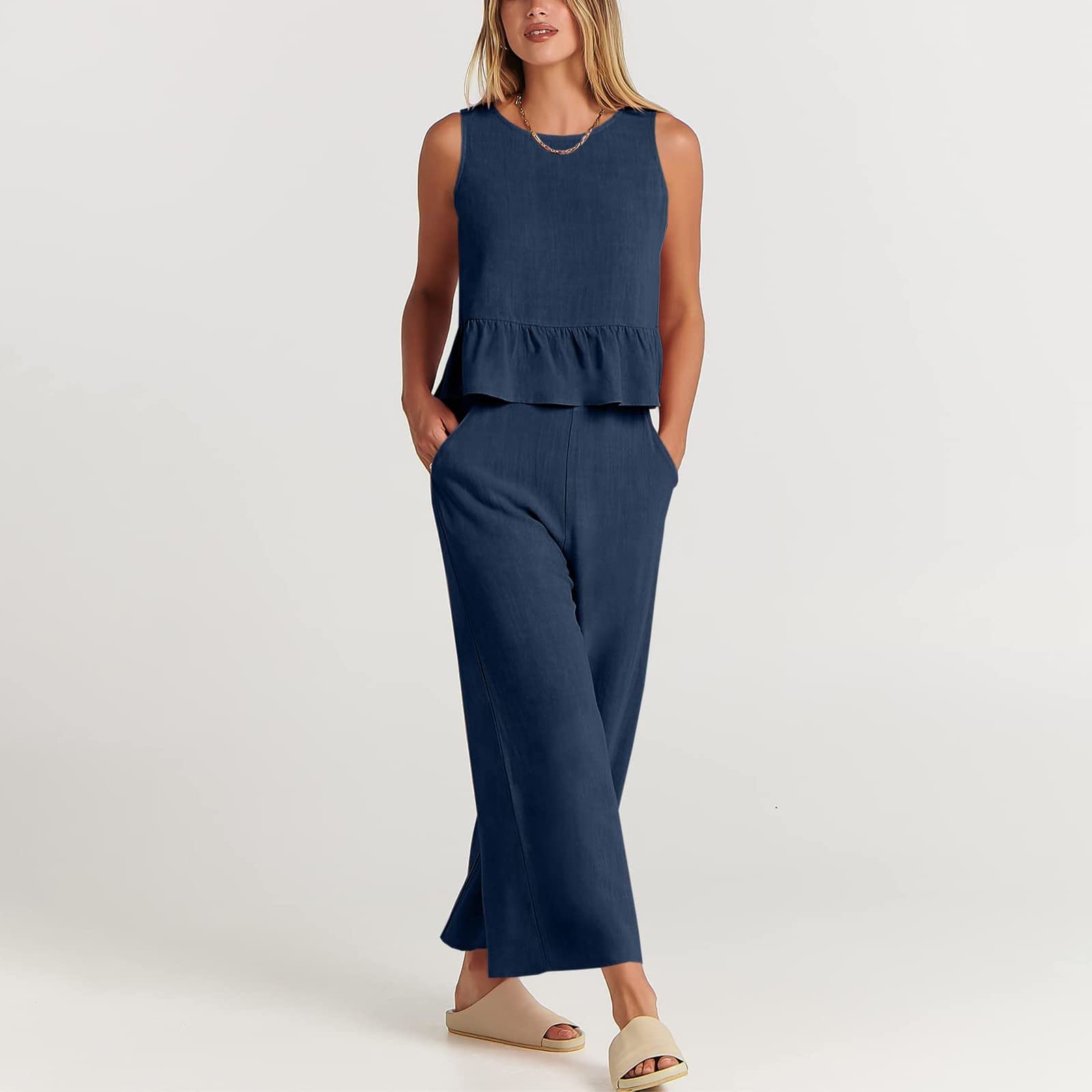 Women's 2 Piece Outfit Set - Summer Cotton Linen Sleeveless Blouse & Shorts | Casual Floral Print Tracksuit | Clubwear & Beachwear | Dark Blue Size M | Breathable & Comfortable for Outdoor Activities