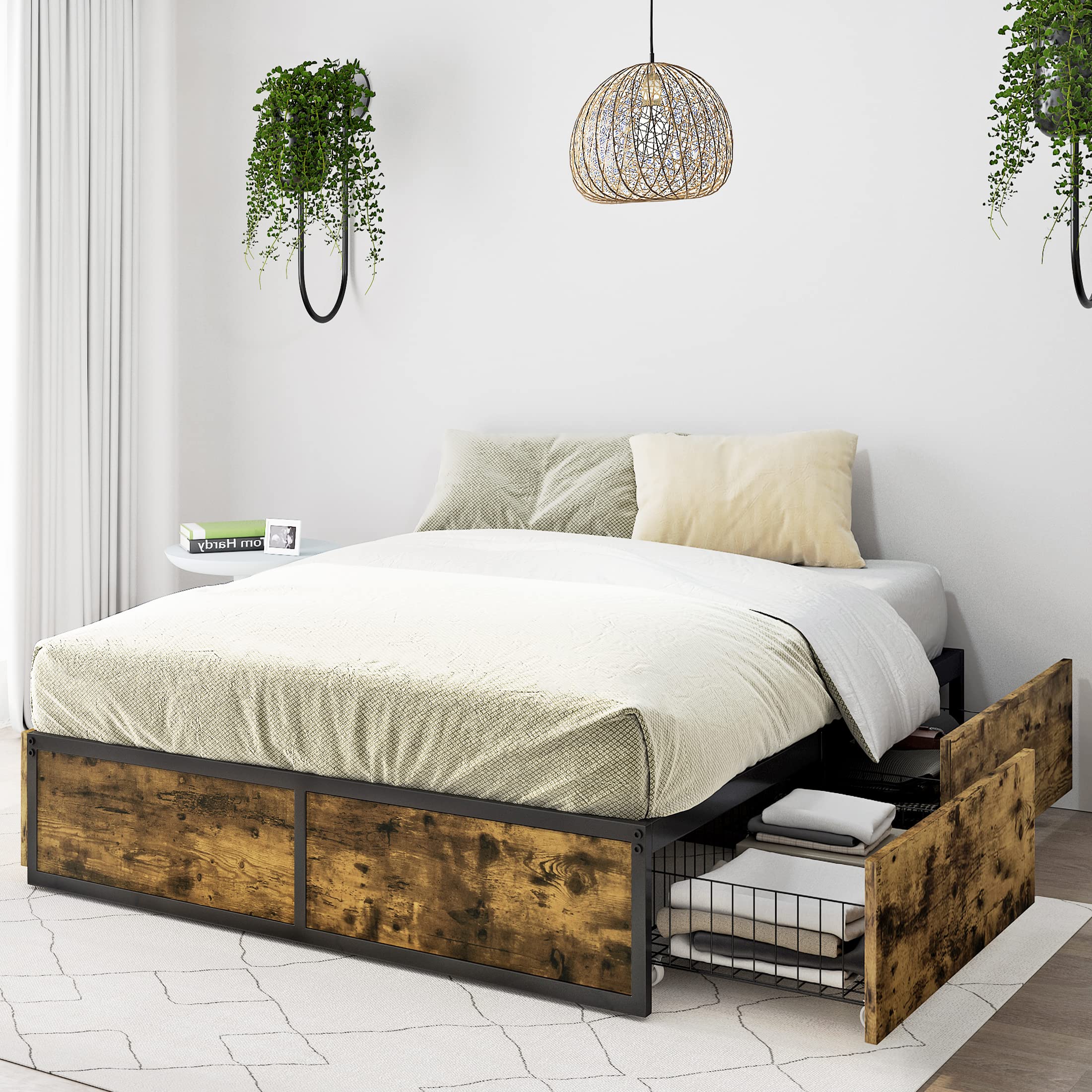 Allewie Full Bed Frame with 4 Large Storage Drawers - Heavy Duty Metal Platform Bed with Wooden Footboard & 13 Reinforced Slats - No Box Spring Needed - Noise Free - Perfect for Small Bedrooms, Guest Rooms & Dorm Storage Solutions