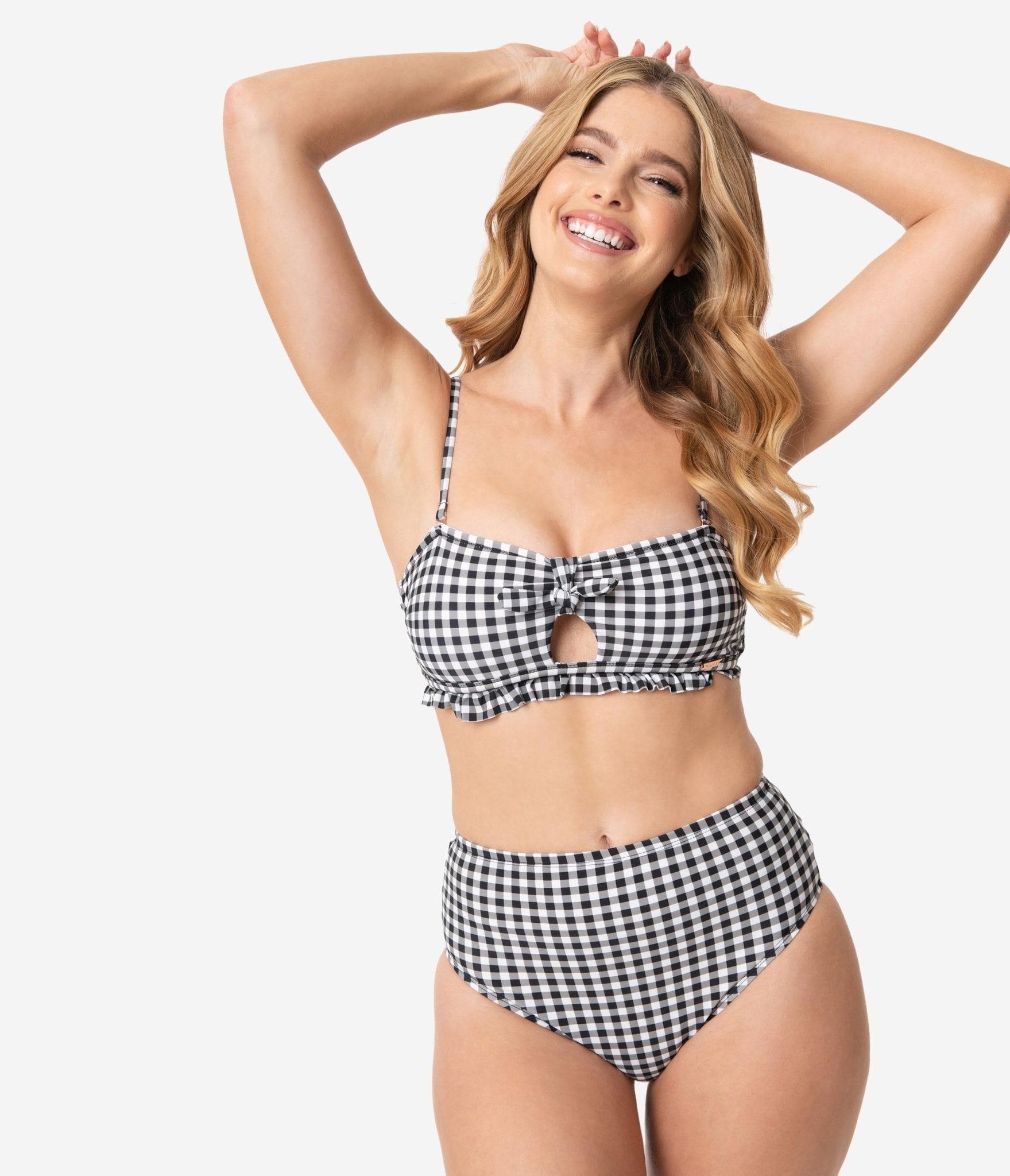 Retro Pin Up Style Black & White Gingham High Waisted Swim Bottoms for Women - Vintage Bathing Suit Bottom for Pool, Beach & Summer Vacations