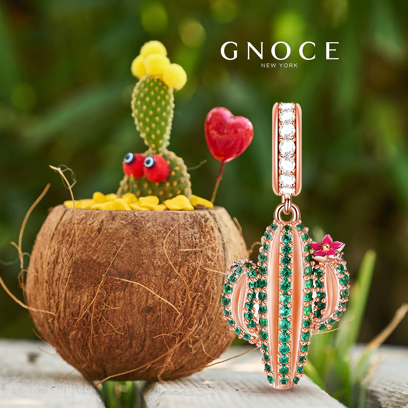 GNOCE 925 Sterling Silver Cactus Charm Beads for Bracelets & Necklaces - Rose Gold Plated with Green Cubic Zirconia, Unconditional Love Dangle Charm - Perfect for Christmas Gifts, Boho Jewelry & Everyday Wear