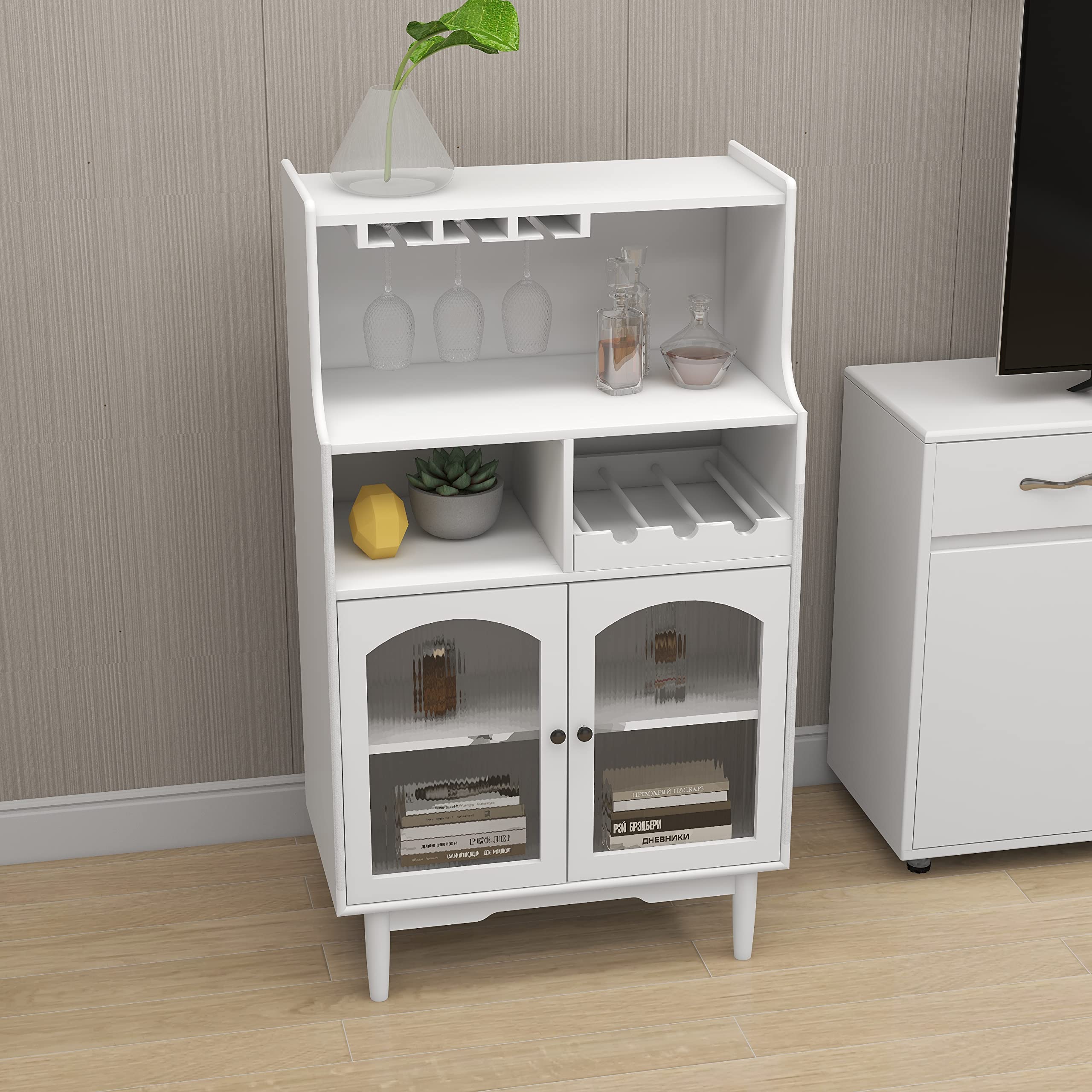 Loscear Solid Wood Liquor Bar Cabinet with Glass Door & Removable Wine Rack - Home Bar Storage for Wine Bottles, Glasses & Spirits - Perfect for Dining Room, Living Room or Home Bar Setup
