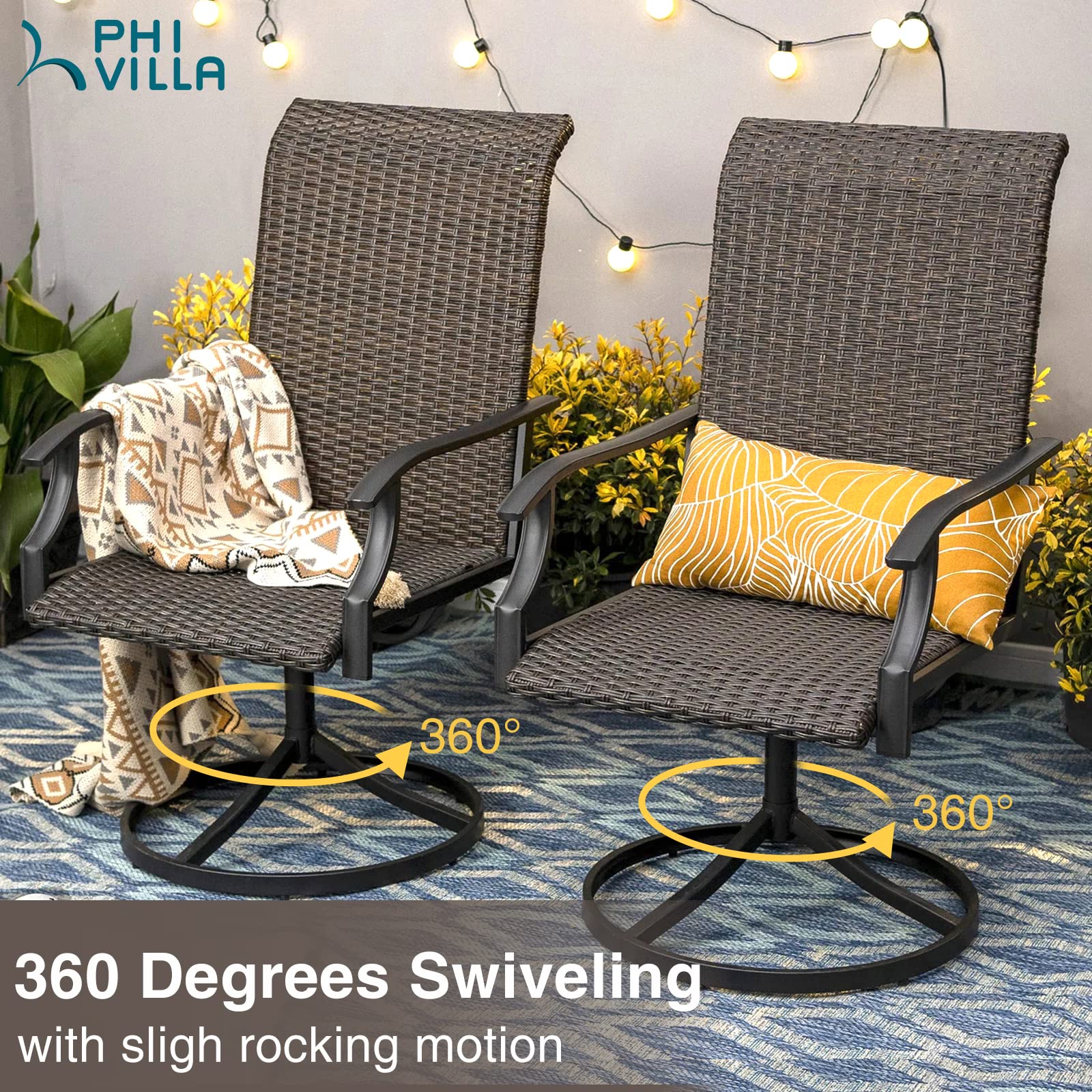 PHI VILLA 7-Piece Outdoor Patio Dining Set with Wicker Swivel Chairs & Metal Table (1.77