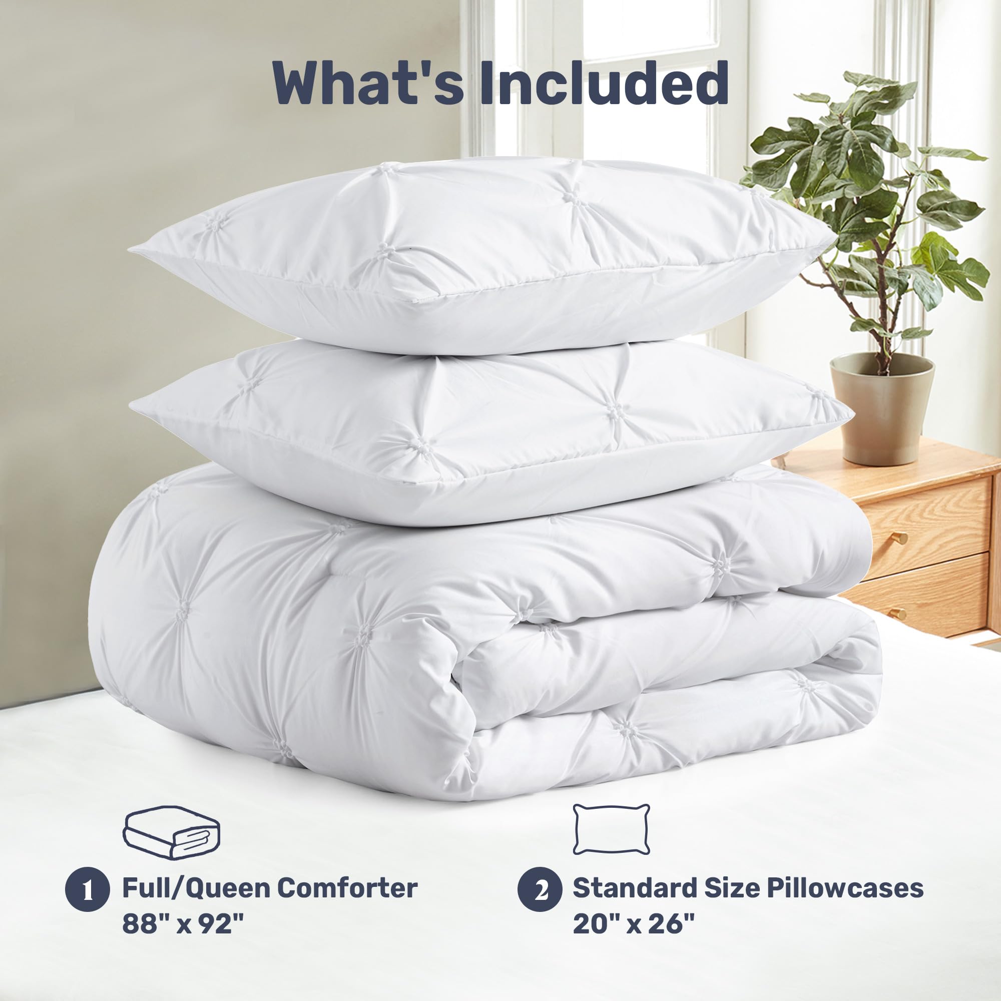 UNIKOME Queen Comforter Set - Soft Pintuck Down Alternative Bedding Set for All Seasons, 3 Piece Pinch Pleat Solid White Bedding with Comforter & 2 Pillow Shams | Luxury Bedroom Decor for Master Bedroom, Guest Room & Dorm