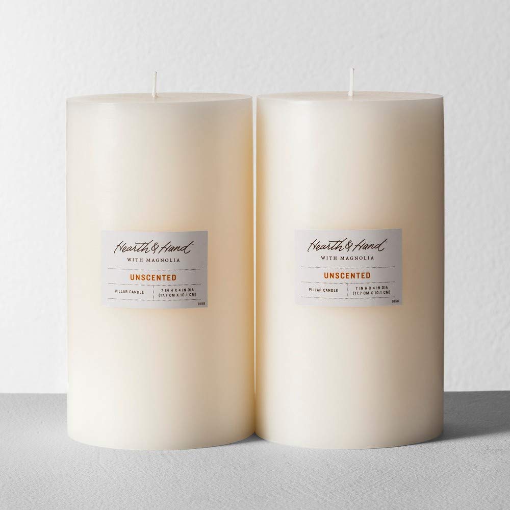 Hearth & Hand Unscented Pillar Candle with Magnolia Design - Natural Soy Wax Candle for Home Decor, Wedding Centerpiece & Relaxation