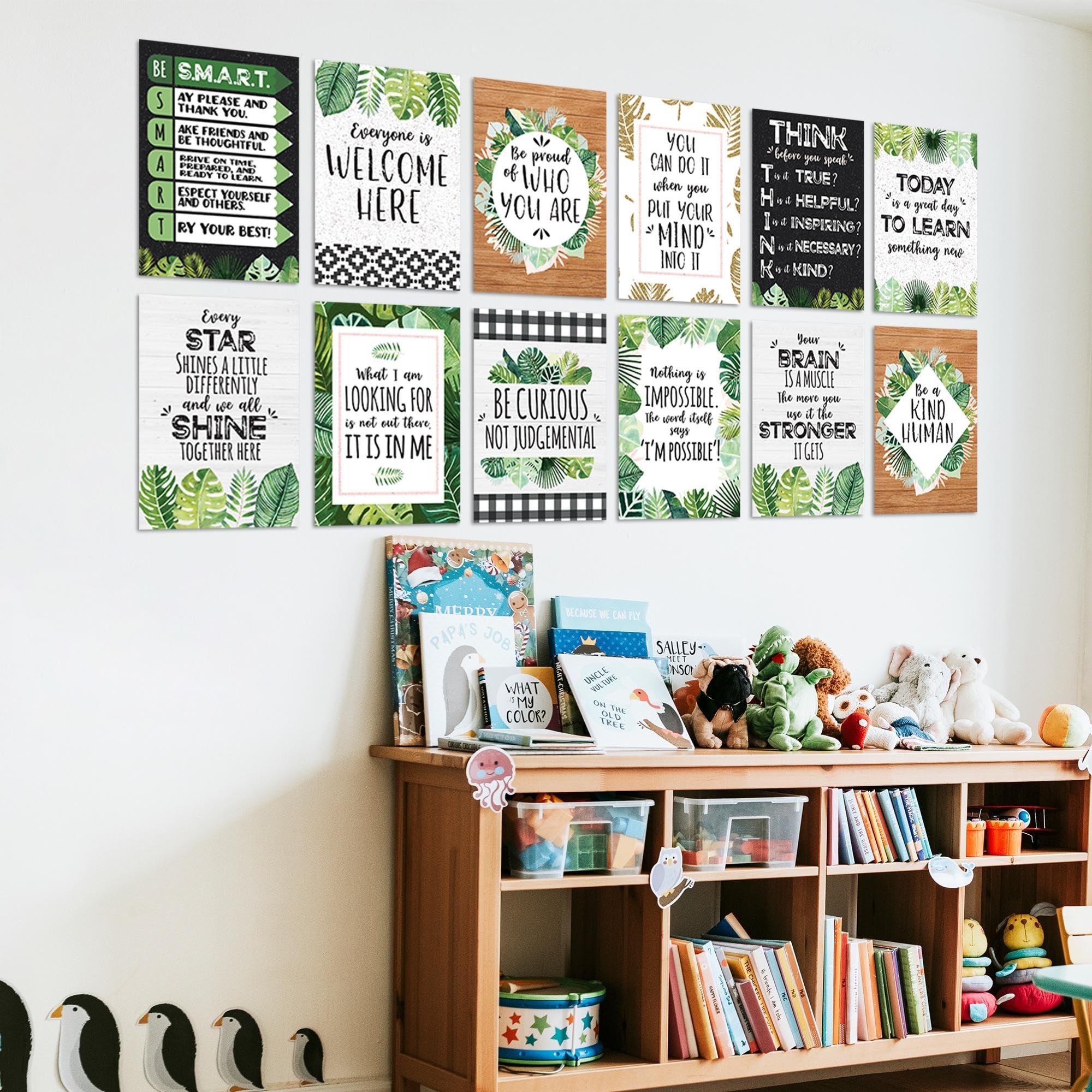 Wallbuddy Set of 12 Motivational Quotes Wall Art - Farmhouse Style Inspirational Home Decor for Women | Unframed Positive Affirmation Botanical Prints with Green Leaf Design | Perfect for Bathroom, Bedroom & Office Wall Decor (12X16 Inches)