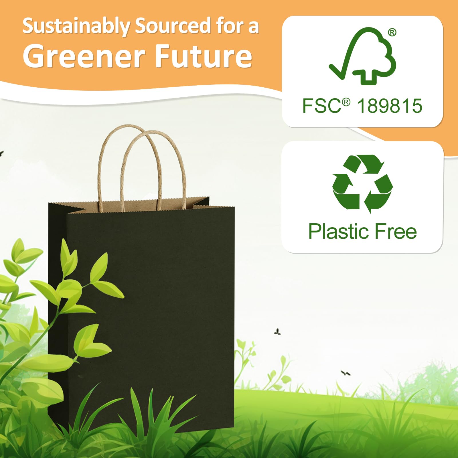 50Pcs Black Kraft Gift Bags with Handles 8x4.25x10.5 Inches - Bulk Paper Shopping Bags for Wedding Favors, Party Merchandise & Retail Packaging - Eco-Friendly & Durable for Stores, Events & Gifting