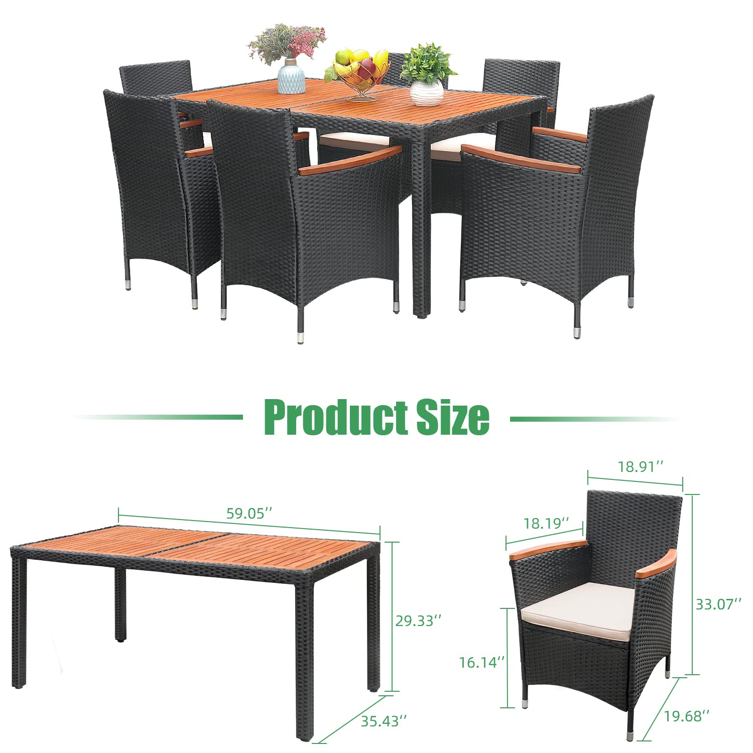 Premium 7-Piece Acacia Wood Patio Dining Set with Soft Cushions - Outdoor Wicker Furniture for Deck, Backyard, Garden - Perfect for Al Fresco Dining, BBQs & Outdoor Entertaining