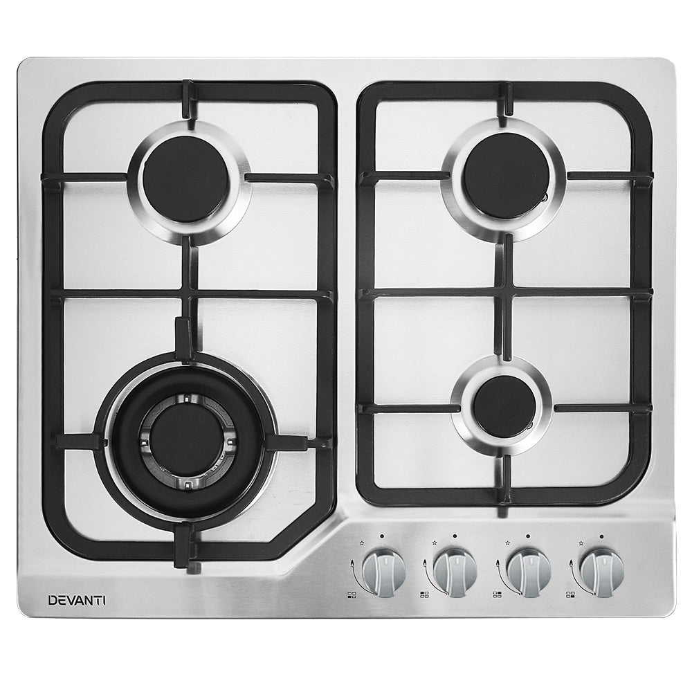 Devanti 60cm 4 Burner Gas Cooktop - Stainless Steel Stove for Home Kitchen | Perfect for Cooking, Boiling & Frying | Ideal for Apartments & Modern Kitchens