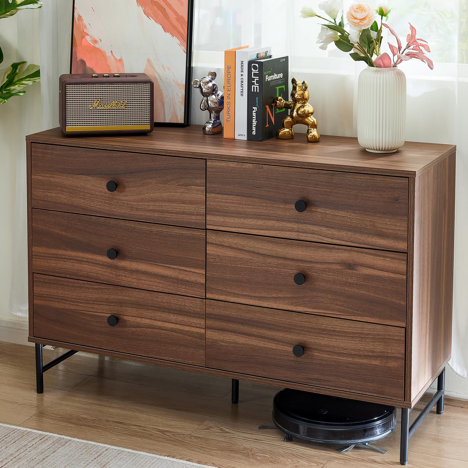 6-Drawer Wooden Dresser for Bedroom - Walnut Chest of Drawers with Clothes Storage Organizer | Perfect for Closet, Nursery, Living Room & Hallway Organization