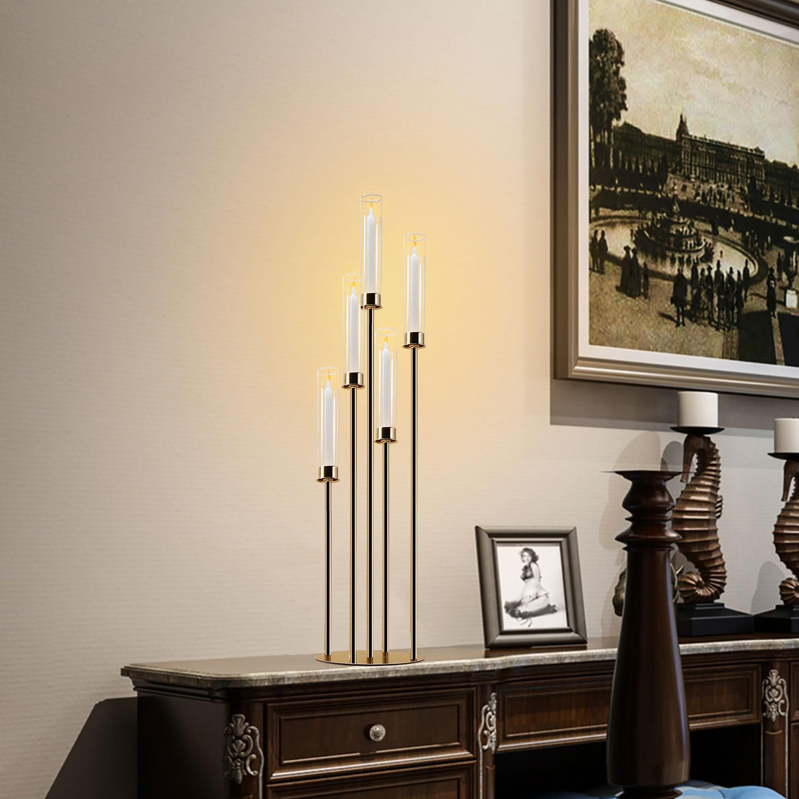 5-Arm Gold Candelabra with Glass Cylinders for Real Candles - Elegant Metal Candle Holder for Wedding, Party & Home Decor - Large Centerpiece (Set of 2) - Perfect for Dining Table, Mantel Decor and Special Events