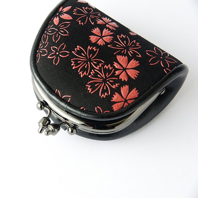 Premium Japanese Deerskin Leather Coin Purse with Urushi Lacquer Clasp - Cherry Blossom & Gray Black - Handmade in Japan - Elegant Gamaguchi Change Purse for Women's Accessories, Gift Giving & Travel Essentials
