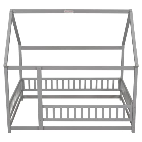 Full Size Wooden Bed Frame with Roof and Guardrails - Easy Assembly House Bed for Kids, Teens, Boys & Girls (White) | Perfect for Bedroom, Playroom, and Kids' Sleep Safety