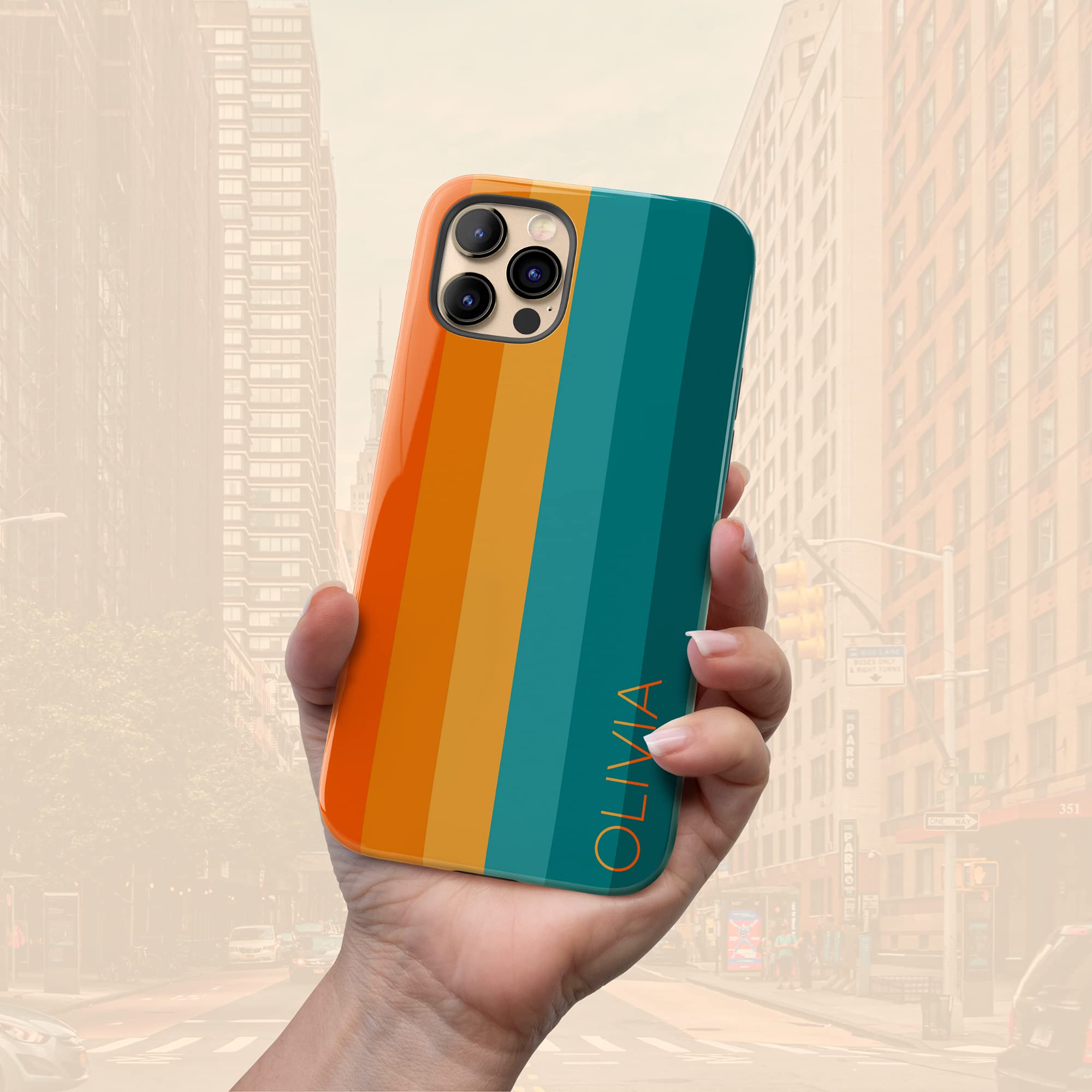 Retro Orange Teal Custom Rainbow Phone Case with Personalized Name - Compatible with iPhone 16 Plus, 15 Pro Max, 14, 13 Mini, 12, 11, X/XS Max, XR, 7/8 - Perfect for Everyday Use, Gifts & Special Occasions