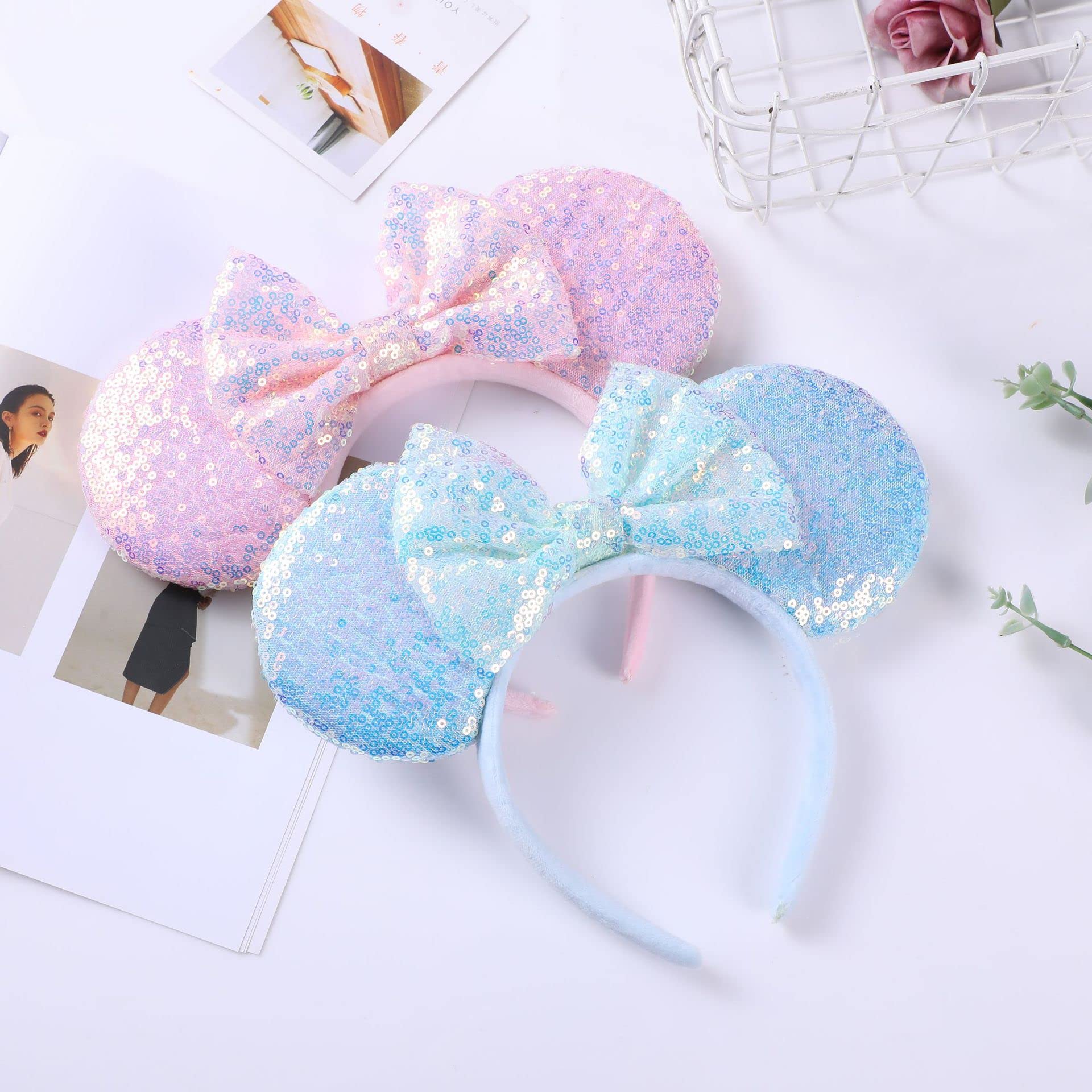 Sparkly Pink Mouse Ears Headband for Women - Glitter Sequin Bow Hairband for Disney Trips, Birthday Parties, Princess Costumes & Themed Events (One Size)