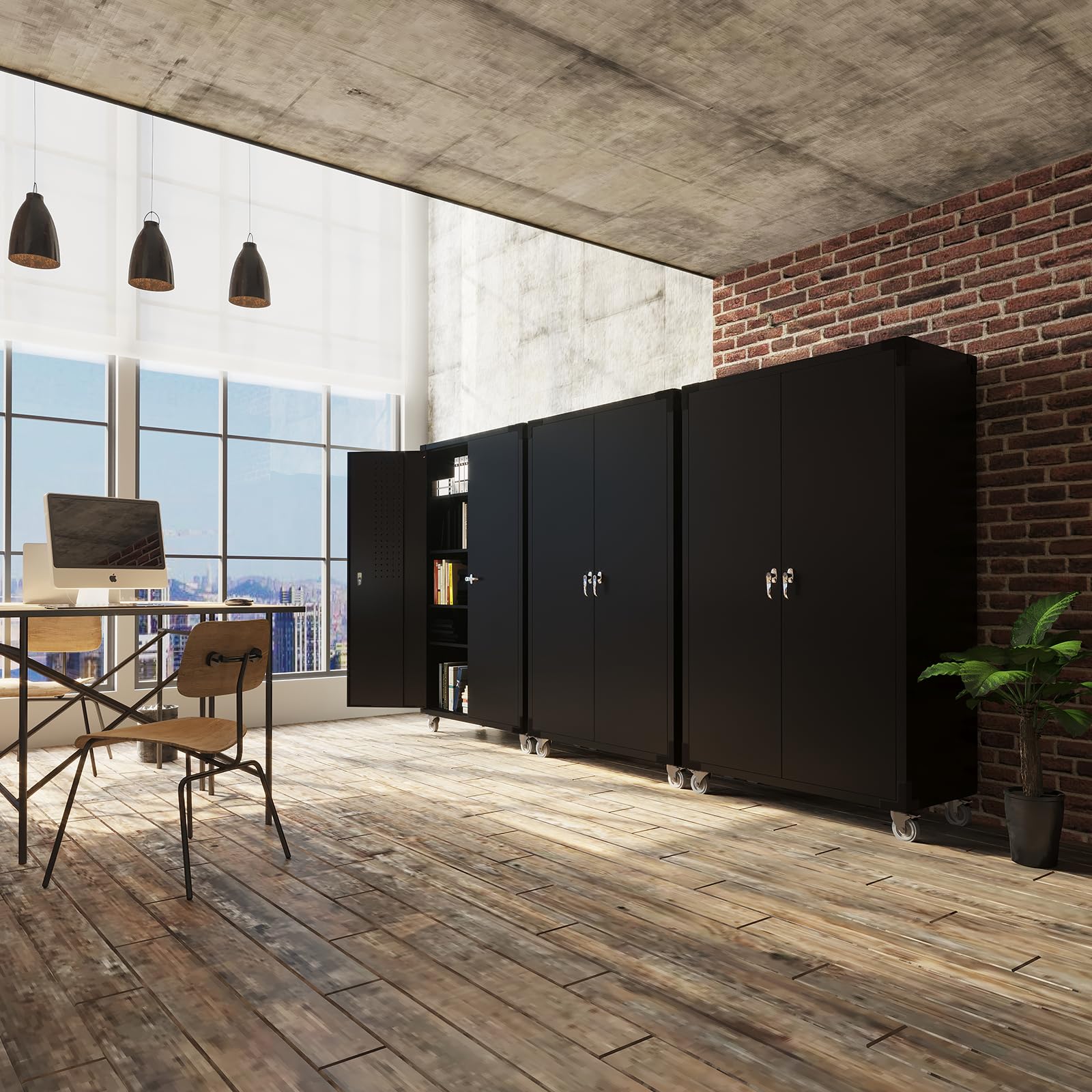 VINGLI Upgraded Wide & Deep Garage Storage Cabinet - Heavy Duty Metal Storage with Pegboards, Wheels, Locking Doors & Adjustable Shelves (Black, 43