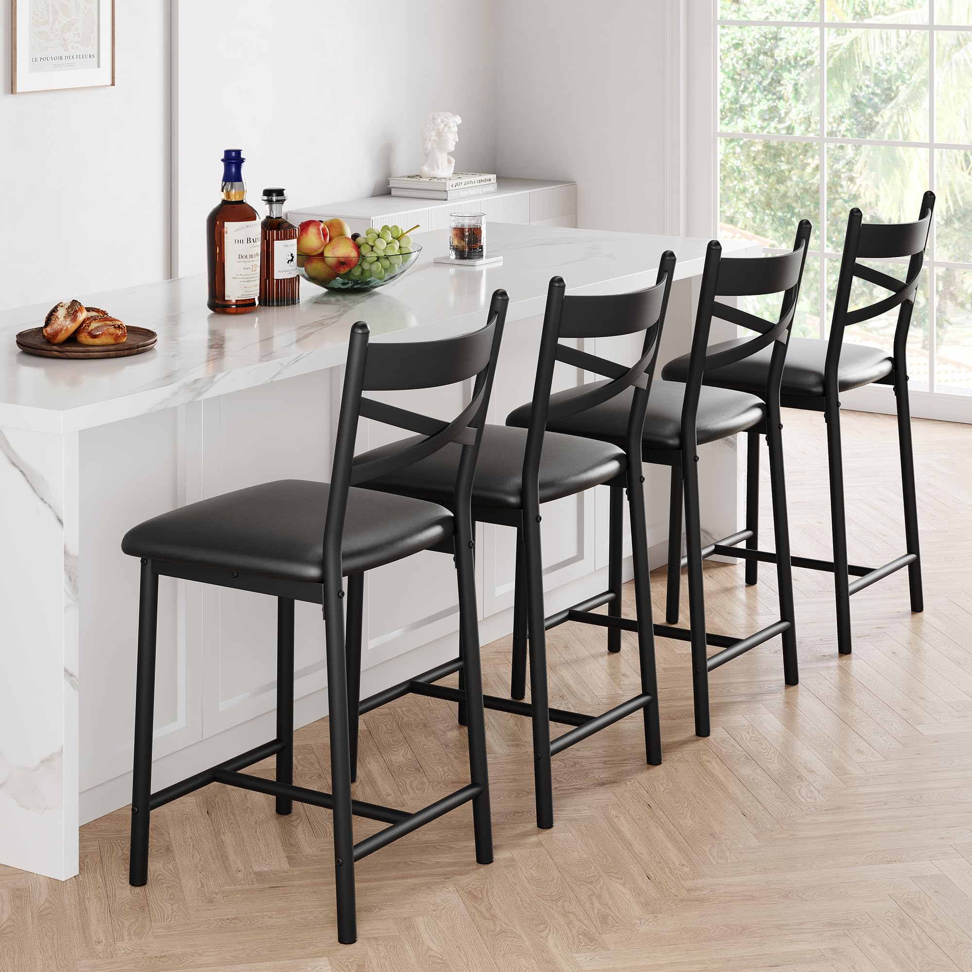 IDEALHOUSE Set of 4 Upholstered Bar Stools with Back Support & Thick Cushions - 24