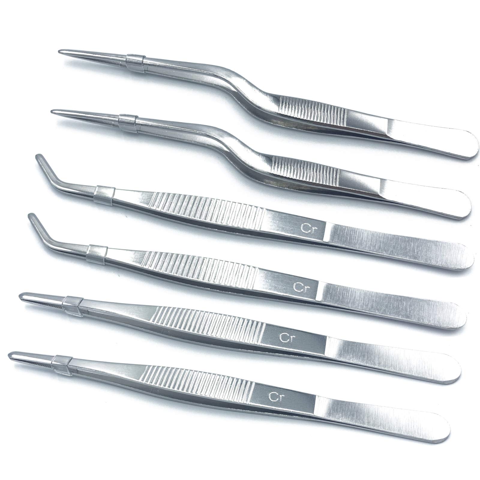 Premium 6-Piece Stainless Steel Cooking Tongs Set with Serrated Tips - 6.3 Inch Precision Tweezers for Culinary, BBQ, Medical & Beauty Use - Ideal for Grilling, Serving, Tattooing & Salon Procedures