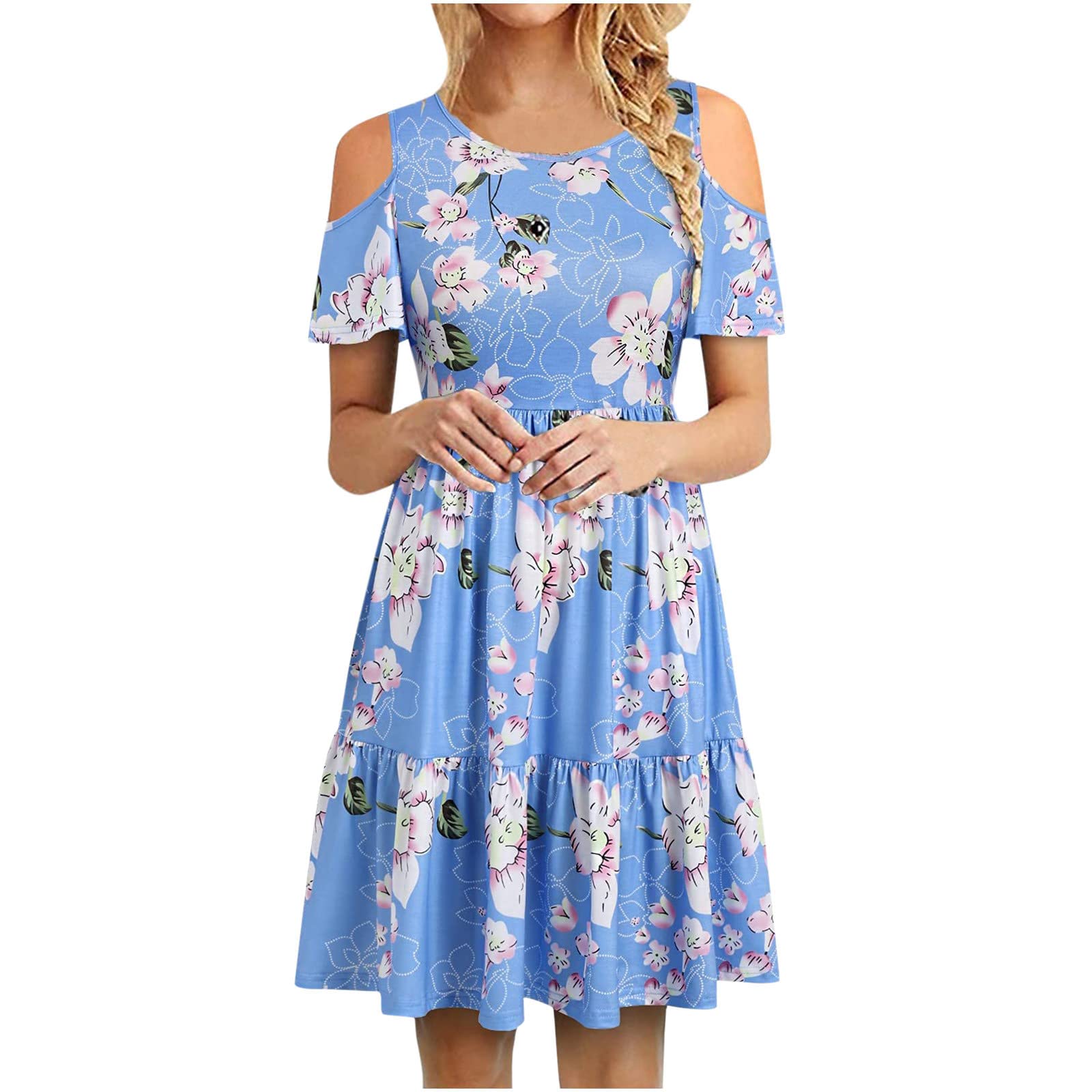 Cllios Women's Cold Shoulder Floral Print Knee-Length Swing Dress - A-Line Flowy Shift Dress for Casual Outings, Parties & Summer Events