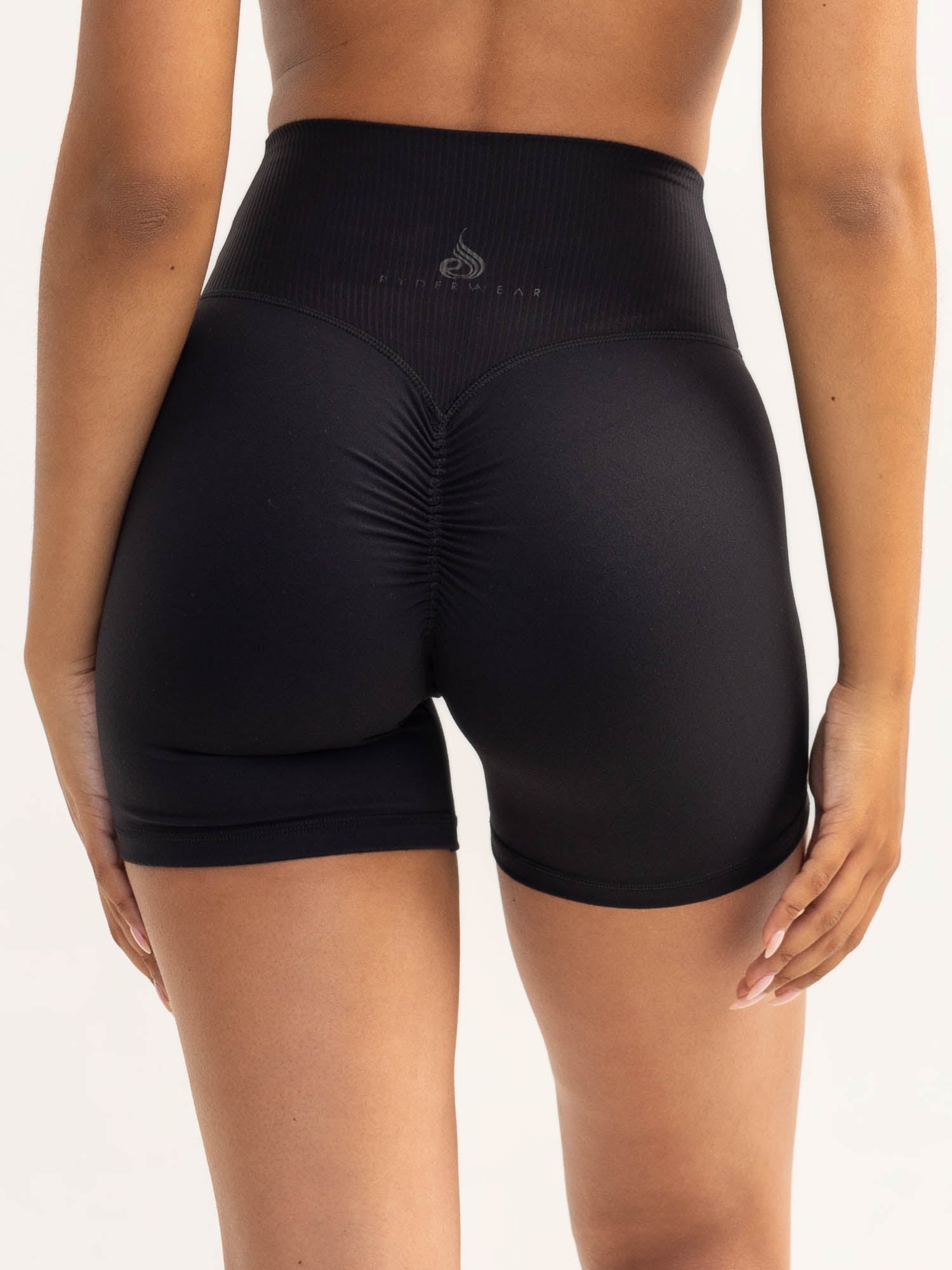 Activate Cross Over Scrunch Shorts for Women - High Waisted Workout Shorts with Side Pockets - Black - Perfect for Yoga, Running & Gym