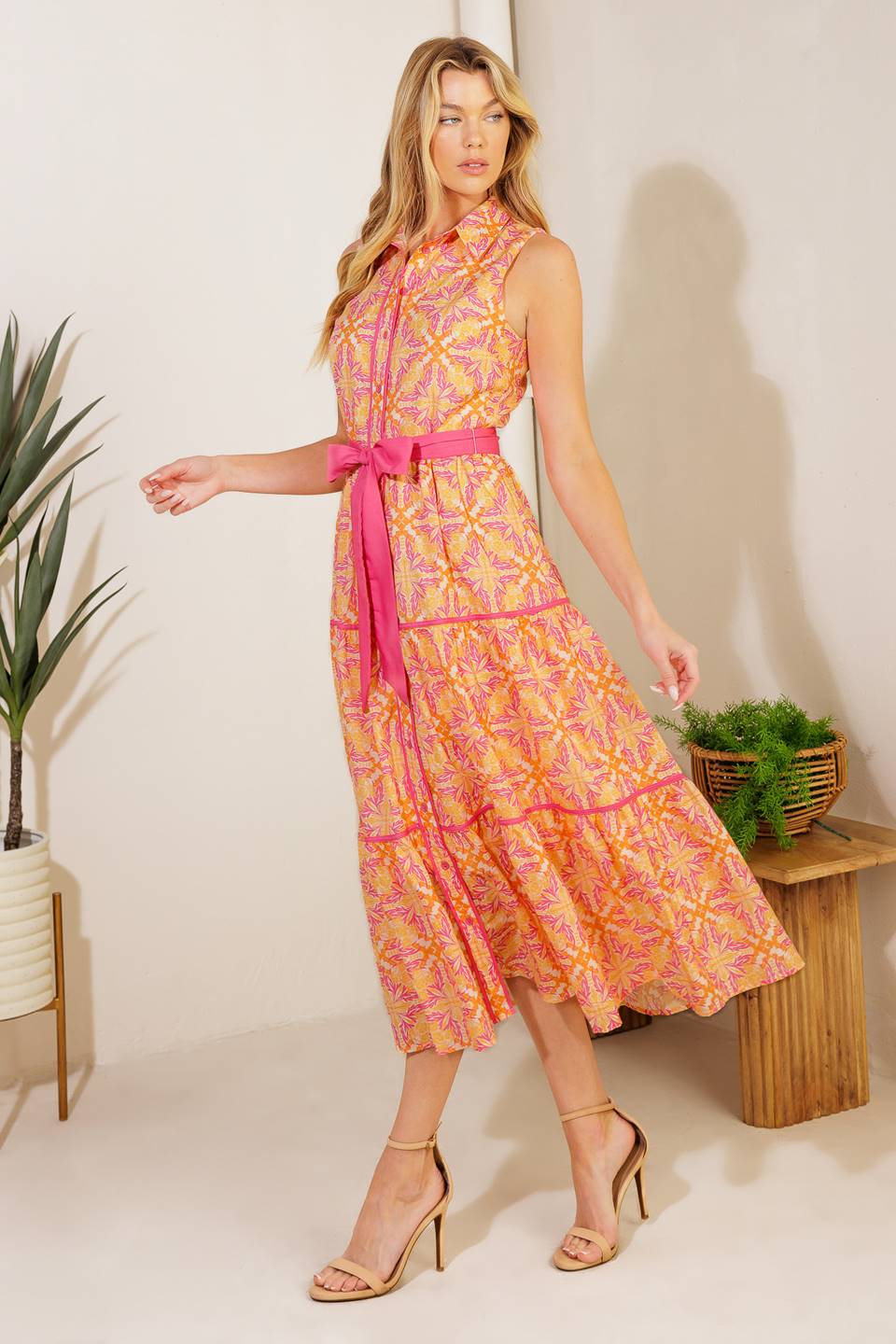 Stylish Orange & Pink Midi Dress for Women - Perfect for Park Outings, Picnics, and Summer Events | Flowy Casual Dress