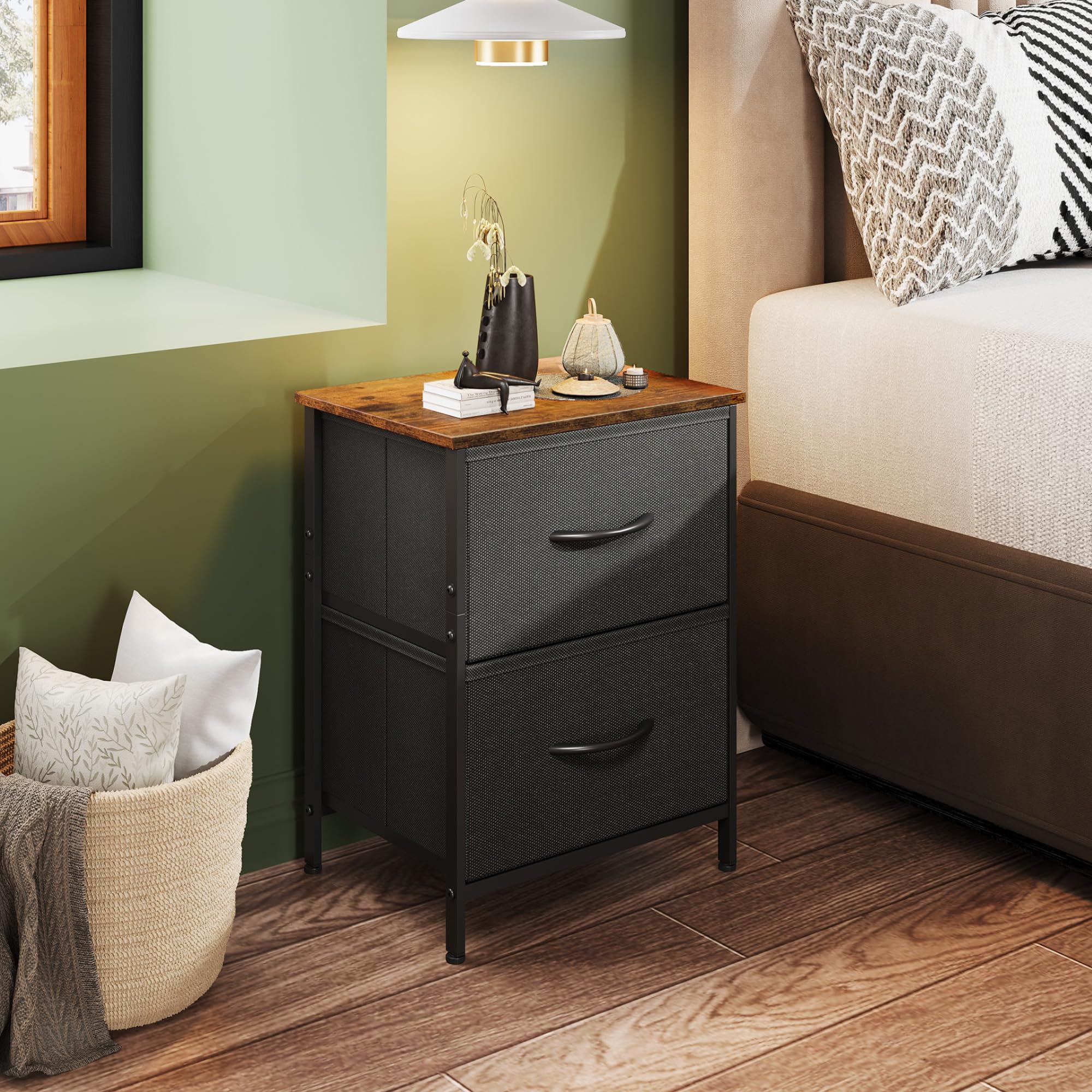 WLIVE 2-Drawer Nightstand Dresser - Small Bedside Table with Fabric Bins for Bedroom, Closet & Entryway - Black & Rustic Brown End Table - Perfect for Bedroom Storage, Living Room Decor & Entryway Organization