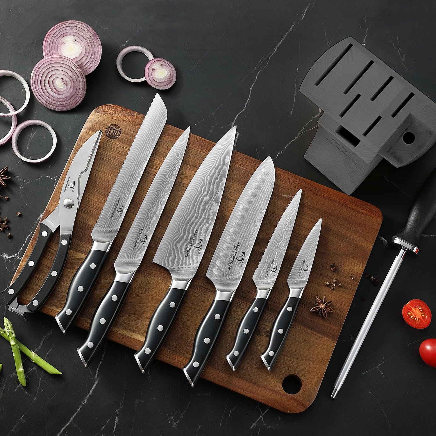 Premium 9-Piece Damascus Steel Knife Set with Block - Chef Knives, Sharpener & Shears - Ergonomic ABS Handle for Professional Cooking - Perfect for Home Chefs & Culinary Enthusiasts - Ideal for Meat Cutting, Vegetable Prep & Kitchen Tasks