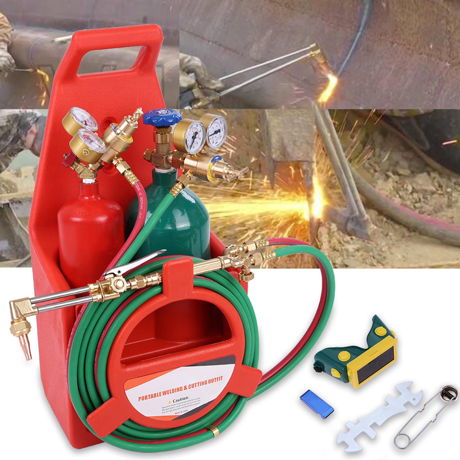 Professional Oxygen Acetylene Welding Torch Kit - Portable Brazing & Cutting Torch with Long Pipe Brass Nozzle & Pressure Gauge - Perfect for Metal Fabrication, HVAC Repair, and DIY Welding Projects