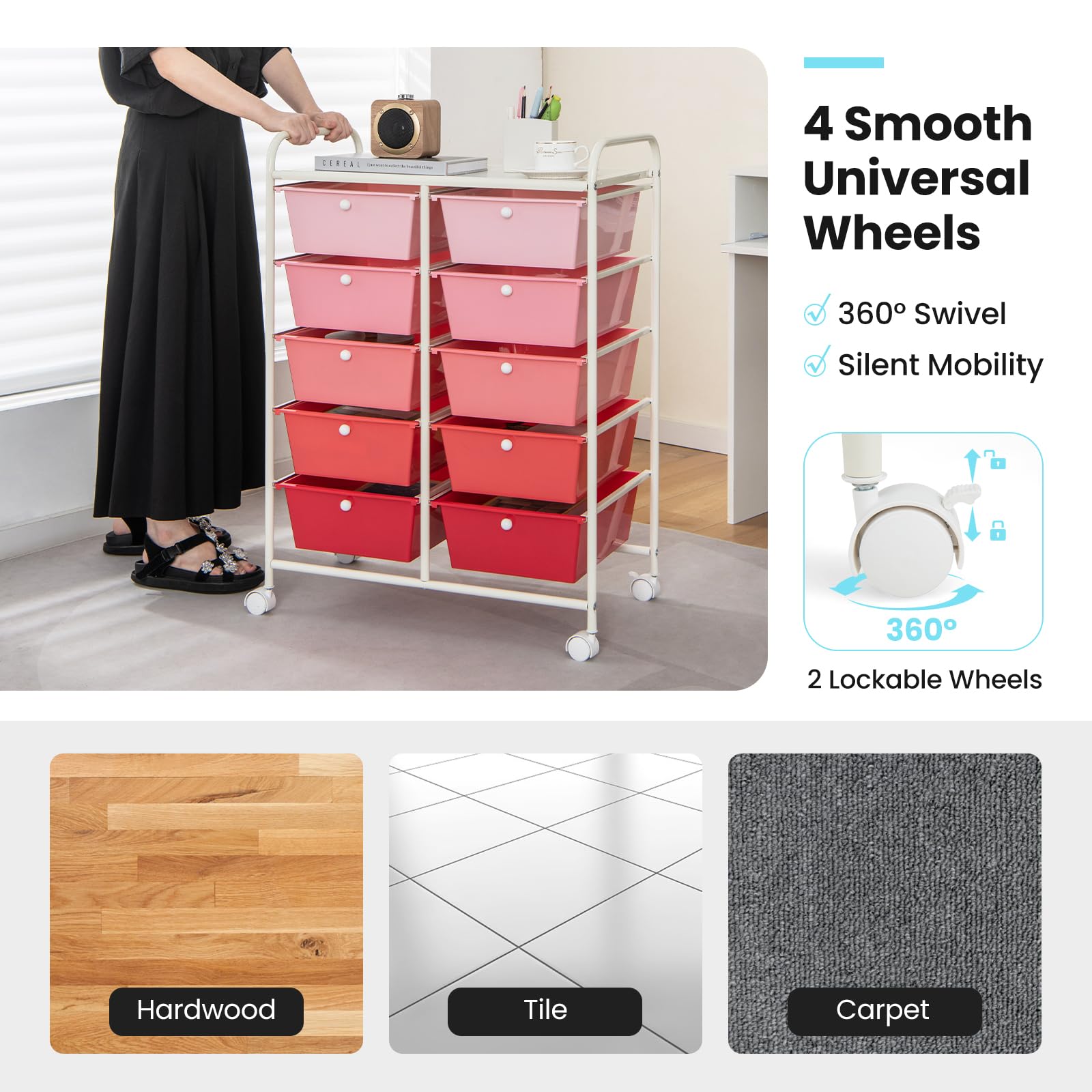 Giantex 10-Drawer Rolling Storage Cart with Wheels - Mobile Organizer for Classroom, Office, Home & School - Perfect for Teacher Supplies, Craft Tools, Art Paper & Stationery - Pink Gradient Design - Ideal for Organizing, Decluttering & Workspace Efficiency