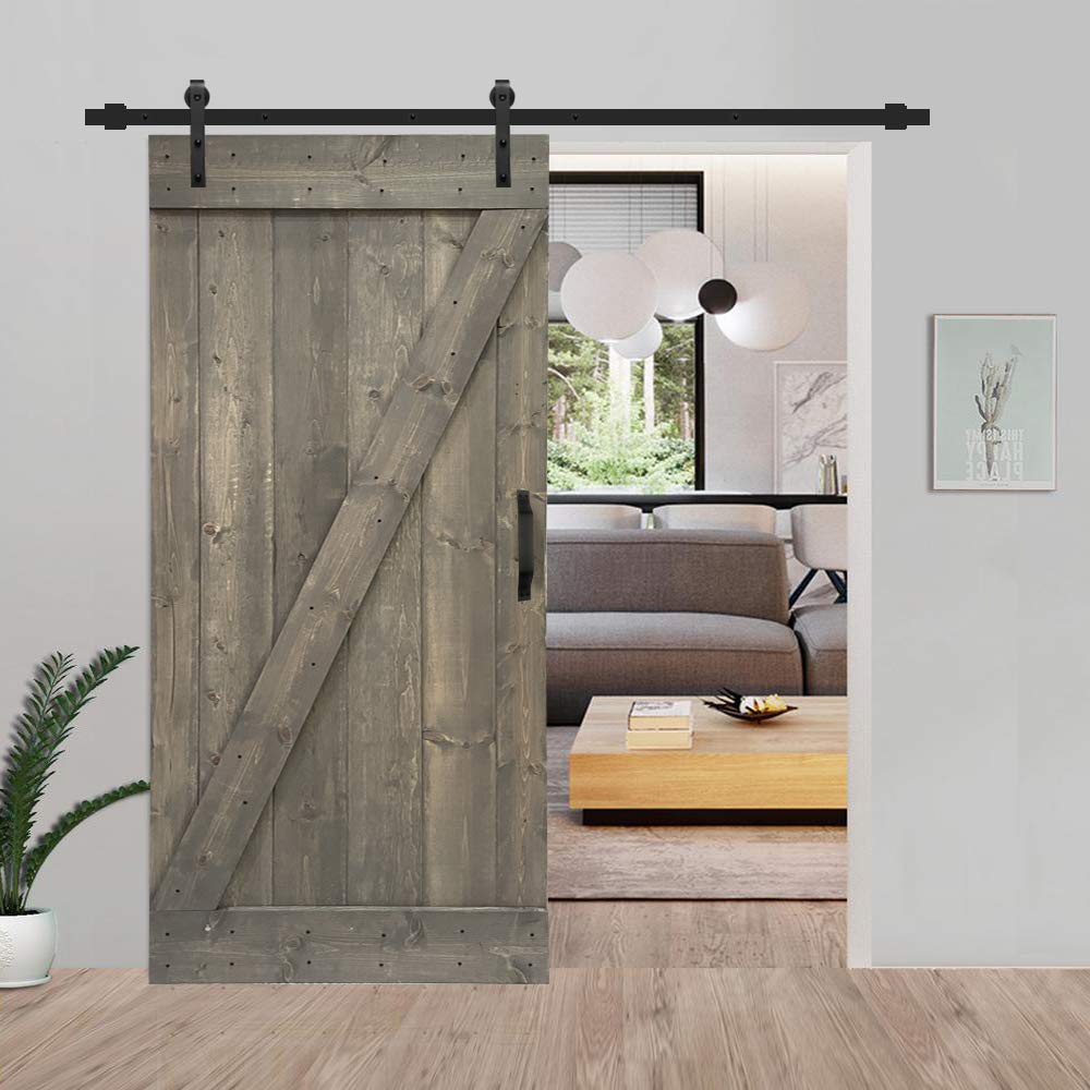 TMS Z Bar Stained Solid Knotty Pine Wood Interior Sliding Barn Door with Sliding Hardware Kit & Handle - 36