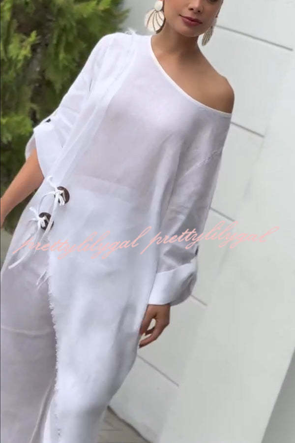 Tehla Linen Blend Ring Tie Up Detail Midi Blouse & Elastic Waist Pocketed Loose Pants Set - Women's Casual Outfit for Summer, Beach, and Office Wear