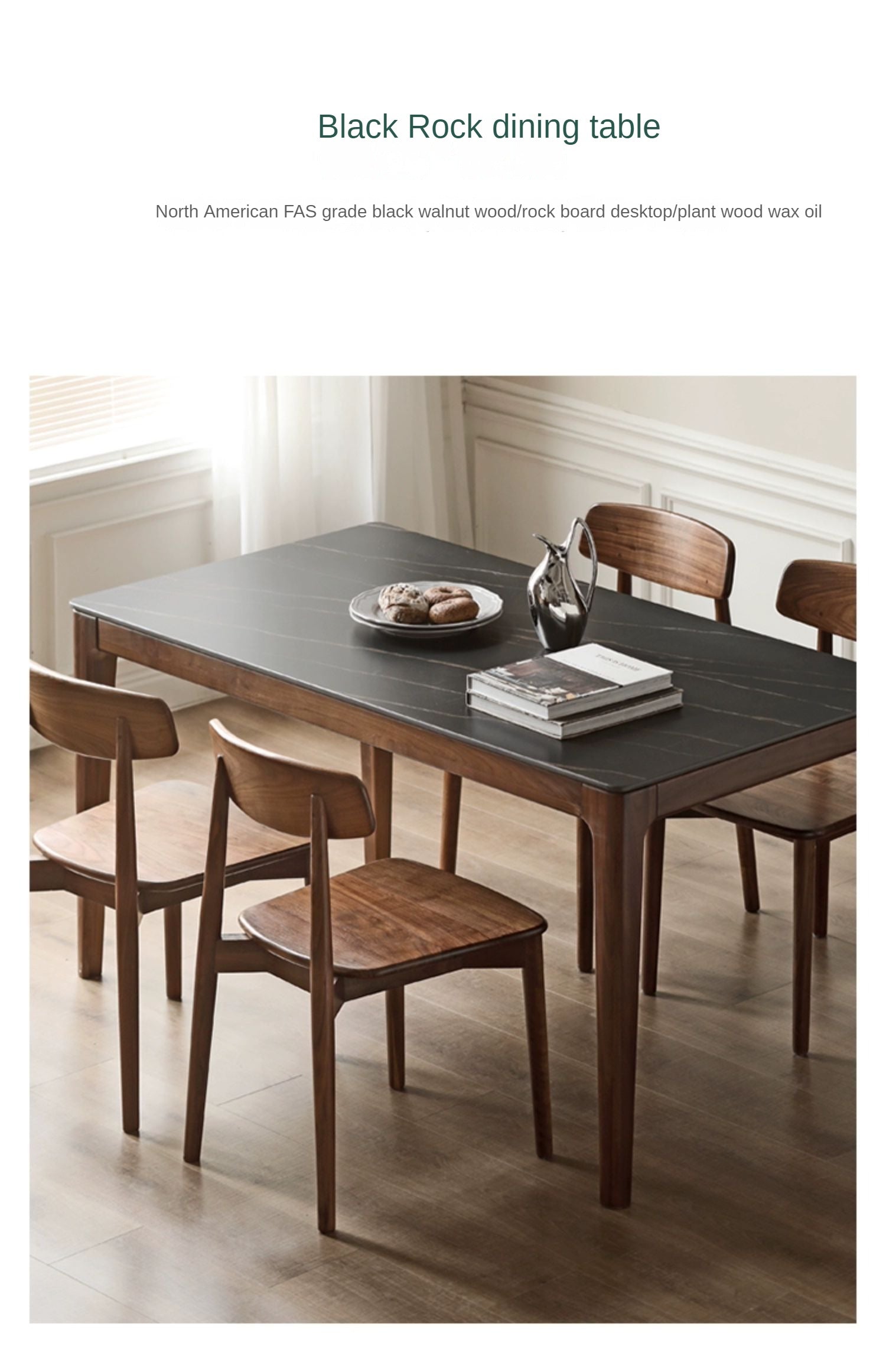 Premium Black Walnut Wood Dining Table with Natural Slate Stone Top - Elegant Farmhouse Style for Dining Room, Kitchen, or Rustic Home Decor