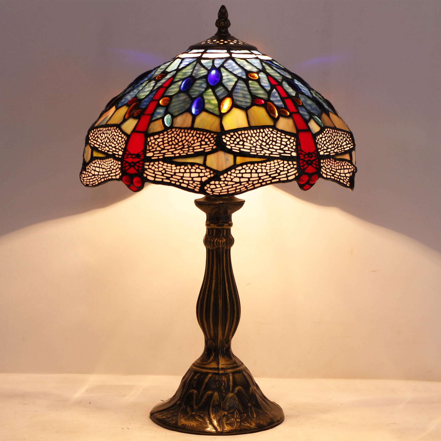 WERFACTORY Tiffany Style Stained Glass Dragonfly Table Lamp - Blue & Red Handcrafted Bedside Reading Light, 12x12x18 Inches - Perfect for Bedroom Nightstand, Living Room Decor & Home Office (S688 Series)