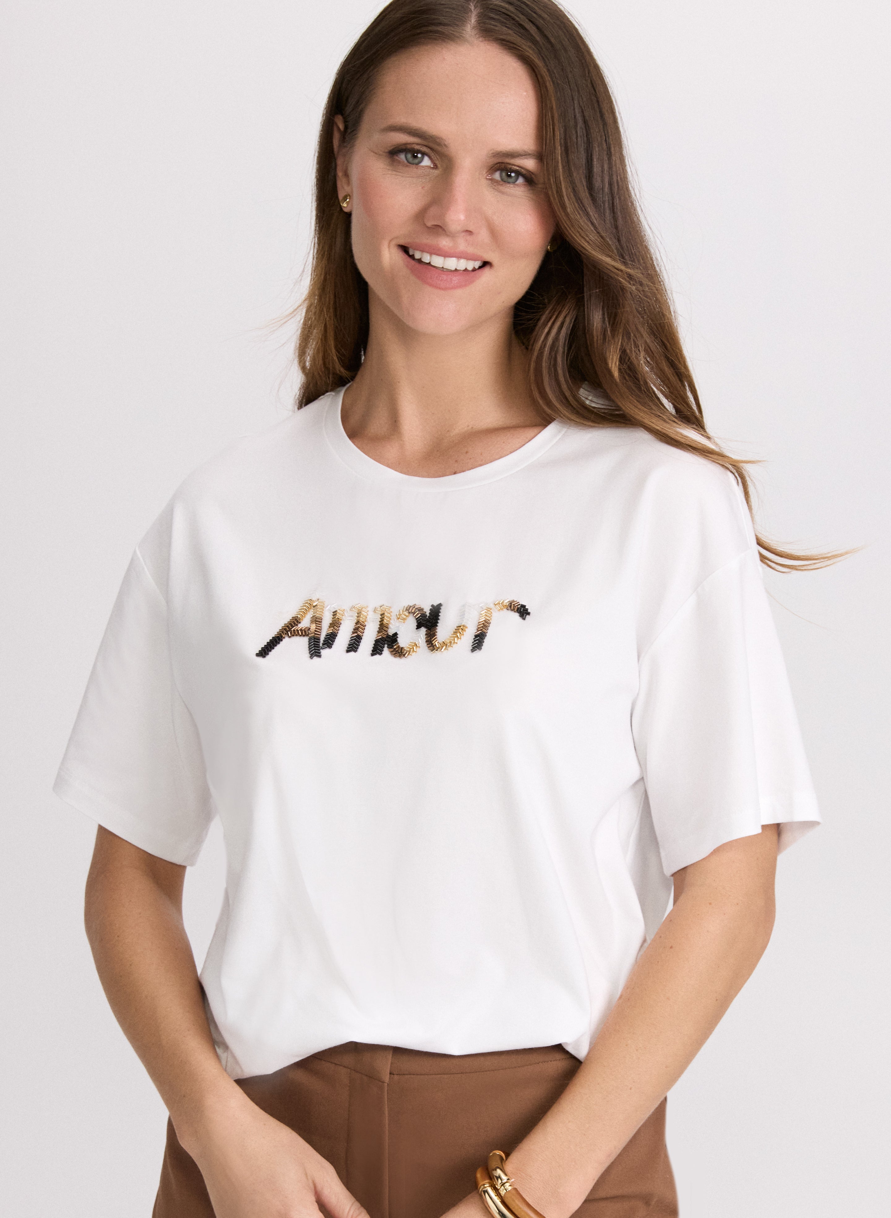 Embellished Script T-Shirt for Women - Trendy & Comfortable Casual Tee - Perfect for Everyday Wear, Outings & Layering
