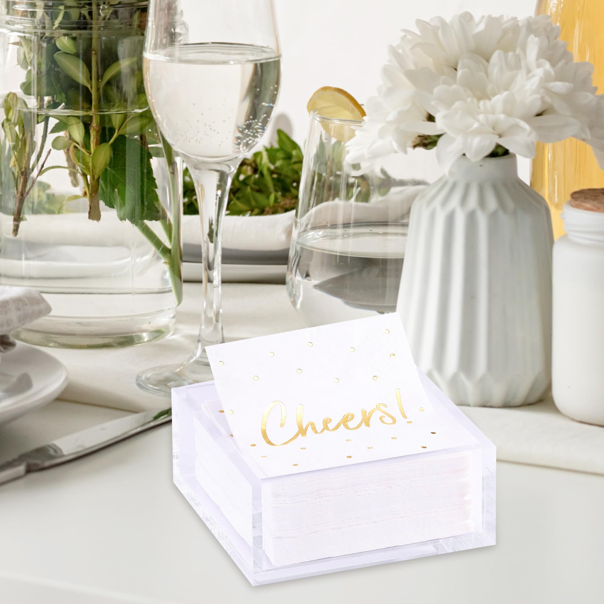 Premium 5x5 Inch Heavy Duty Acrylic Cocktail Napkin Holder with 20 Gold Embossed 'Cheers' Napkins - Elegant Party & Event Accessory for Weddings, Bars, and Home Entertaining
