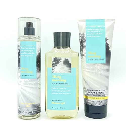 Bath and Body Works Misty Morning Trio Set - Shower Gel, Fine Fragrance Mist & Body Cream for Women | Moisturizing Body Care Gift Set for Daily Use, Relaxation & Self-Care Routine