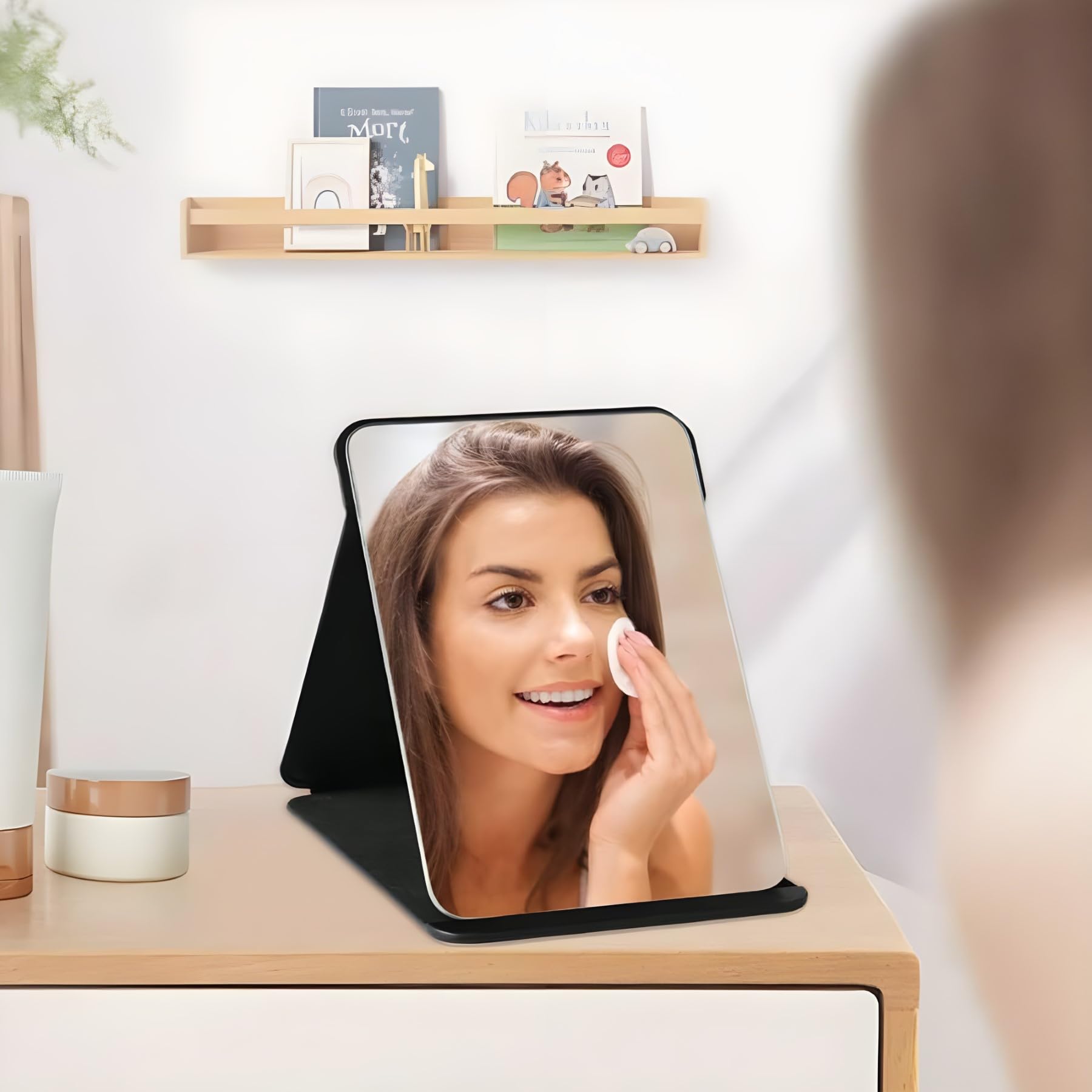 ONICORN Folding Makeup Mirror with Stand - Portable Travel Vanity Mirror, HD Round Edge Glass, Adjustable Angle, PU Leather Case (Black) - Perfect for Home, Travel & Professional Makeup Application