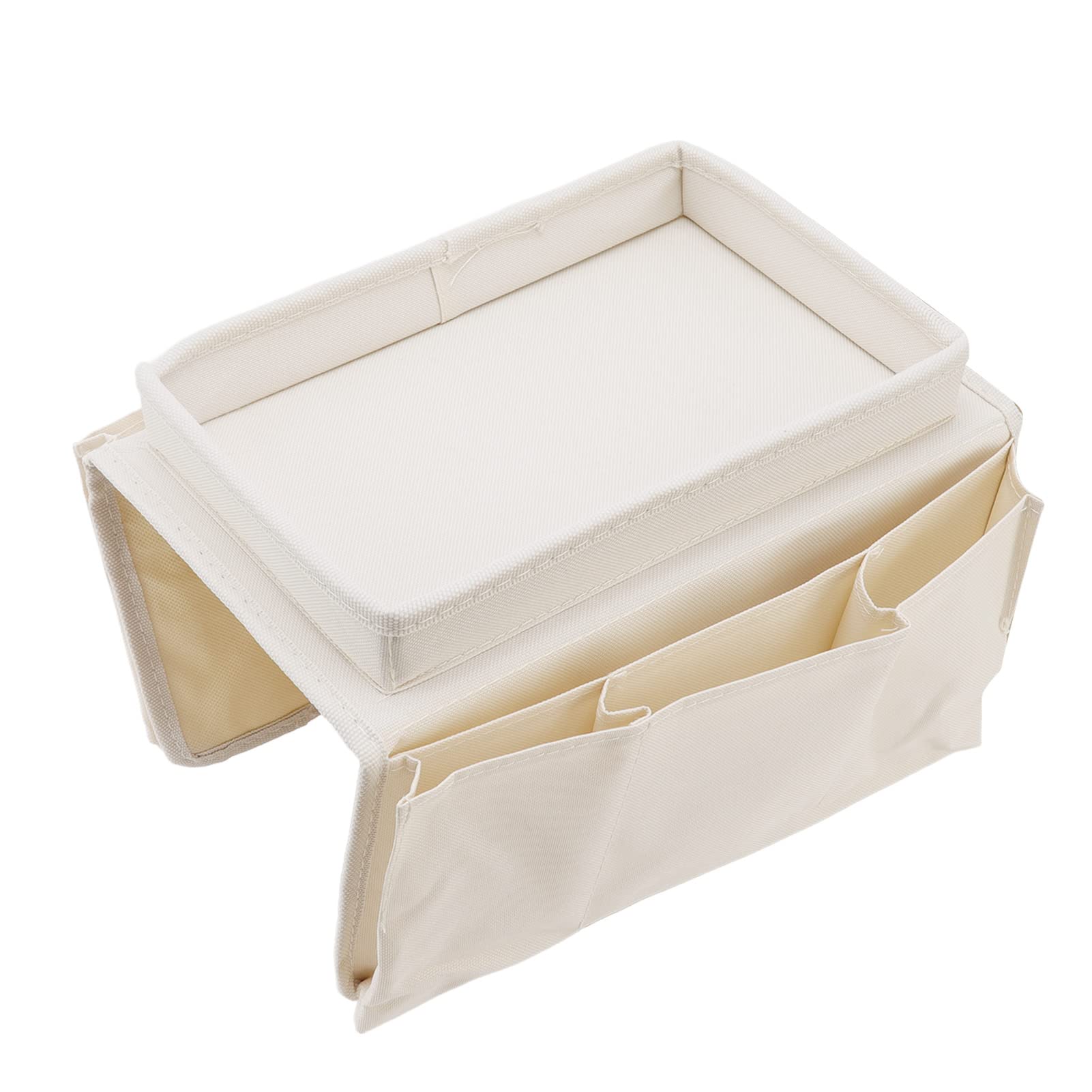 Tgoon Couch Arm Organizer - Foldable Washable Sofa Tray with Side Pockets for Remote, Phone & Snacks - Perfect for Living Room, Office & Bedroom (Beige)